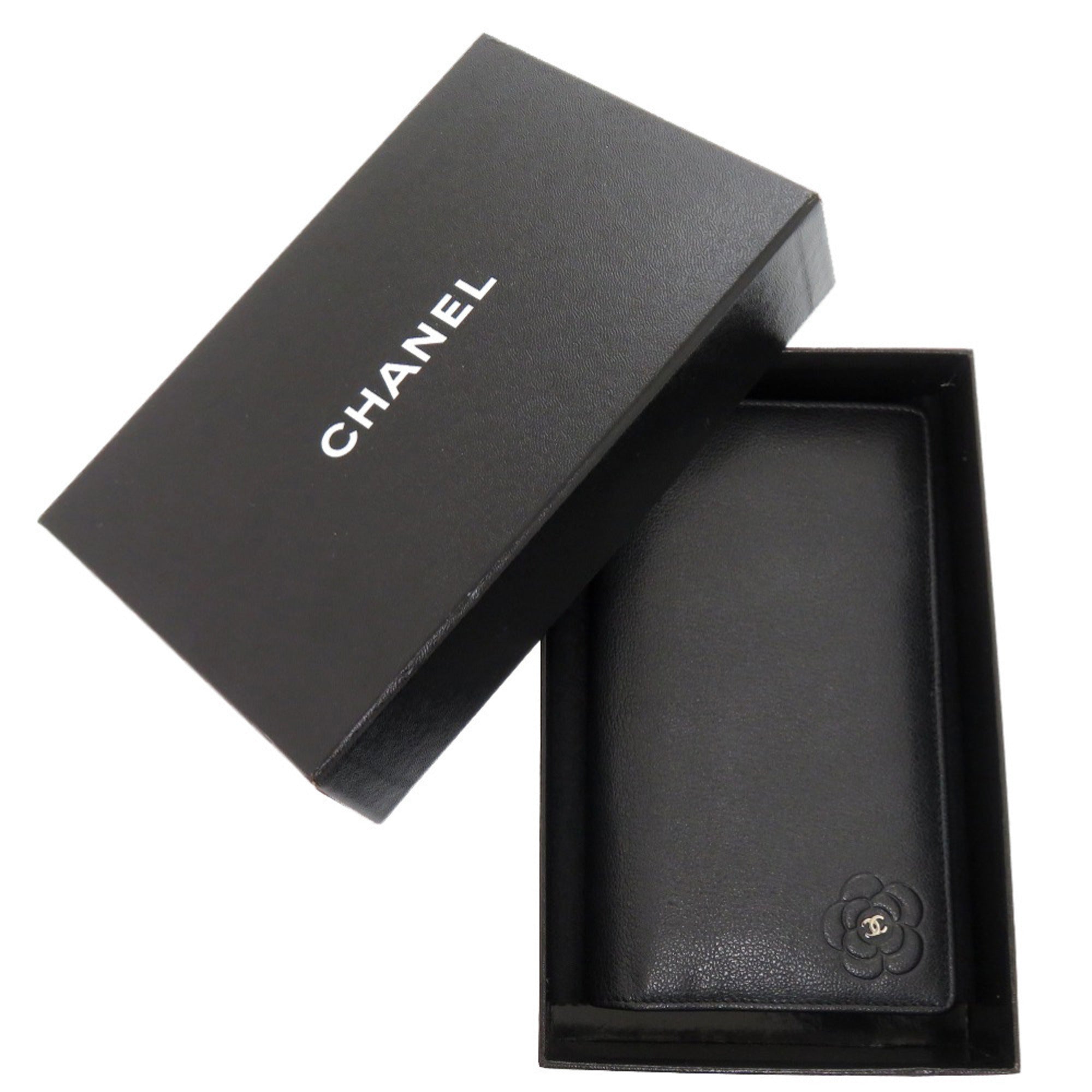Chanel Camellia Black Leather Long Wallet (Bi-Fold) (Pre-Owned)