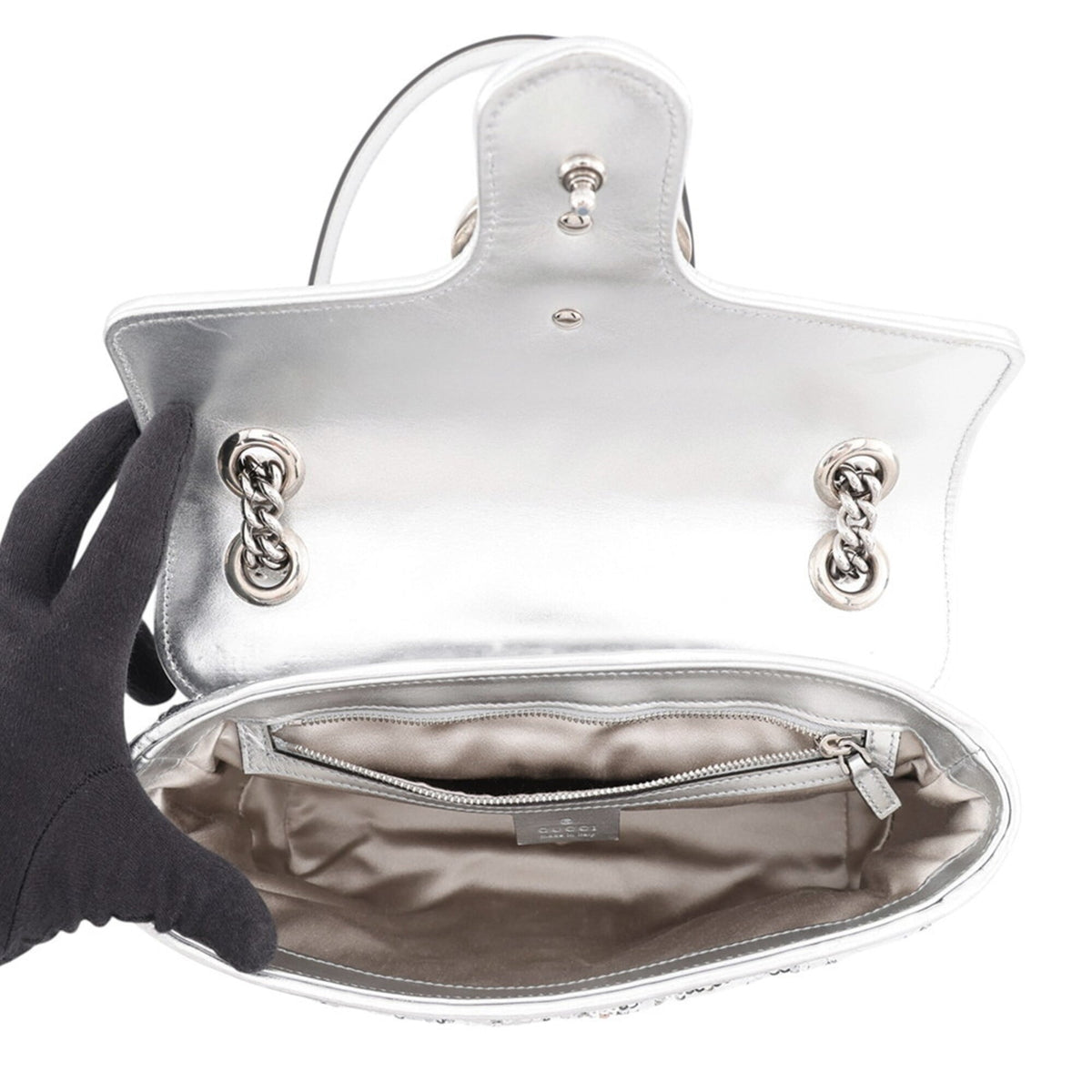 Gucci Gg Marmont Silver Spangles Leather Handbag Shoulder Bag (Pre-Owned)