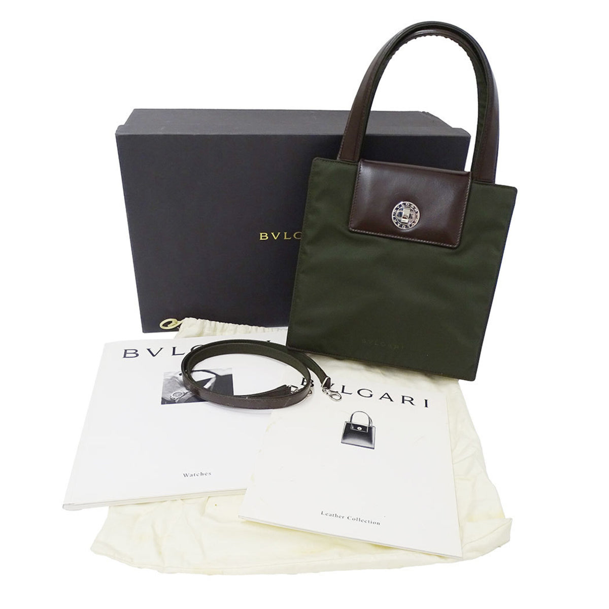 Bvlgari Green Khaki Leather Canvas Shoulder Bag (Pre-Owned)