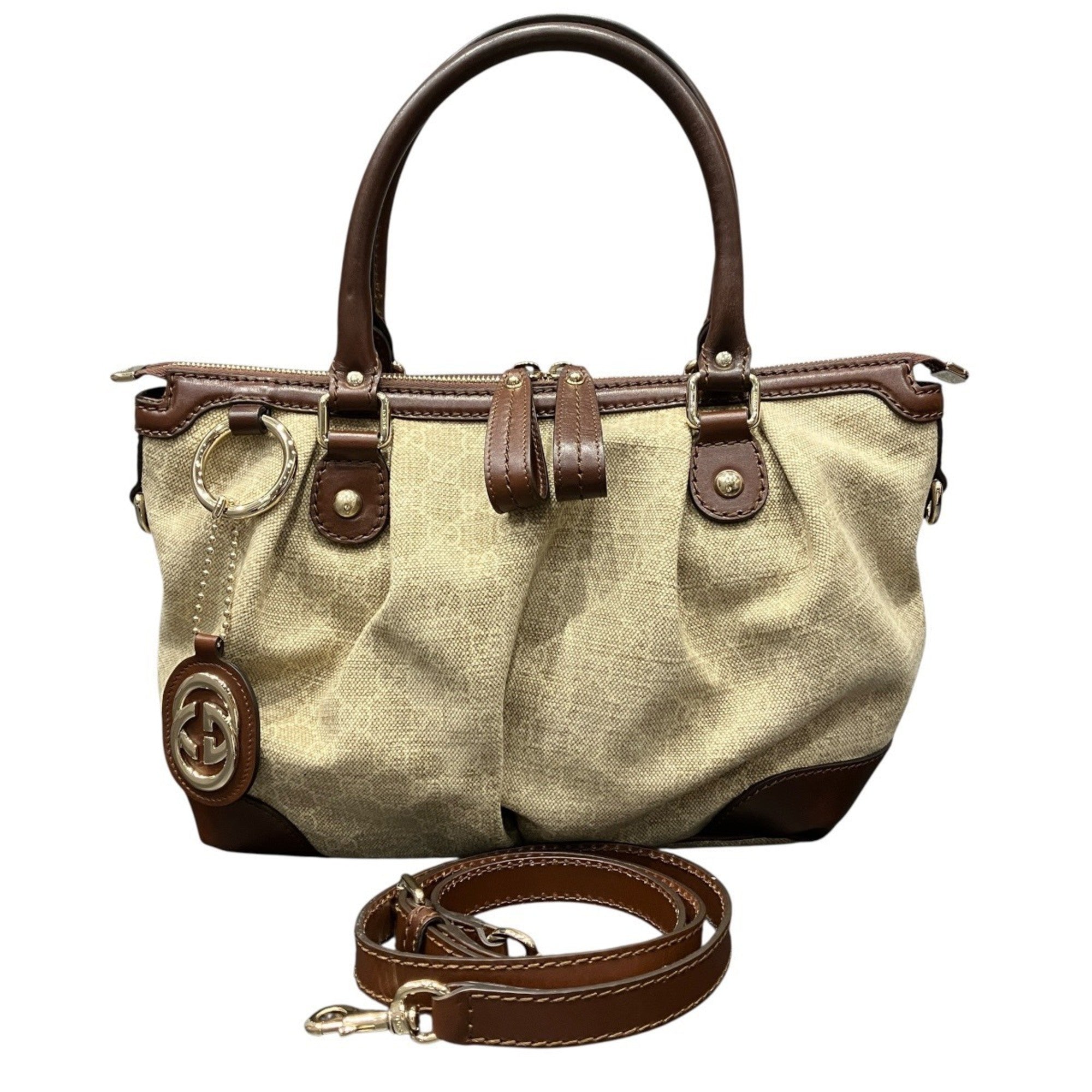 Gucci Beige Brown Gold Canvas Leather Handbag (Pre-Owned)