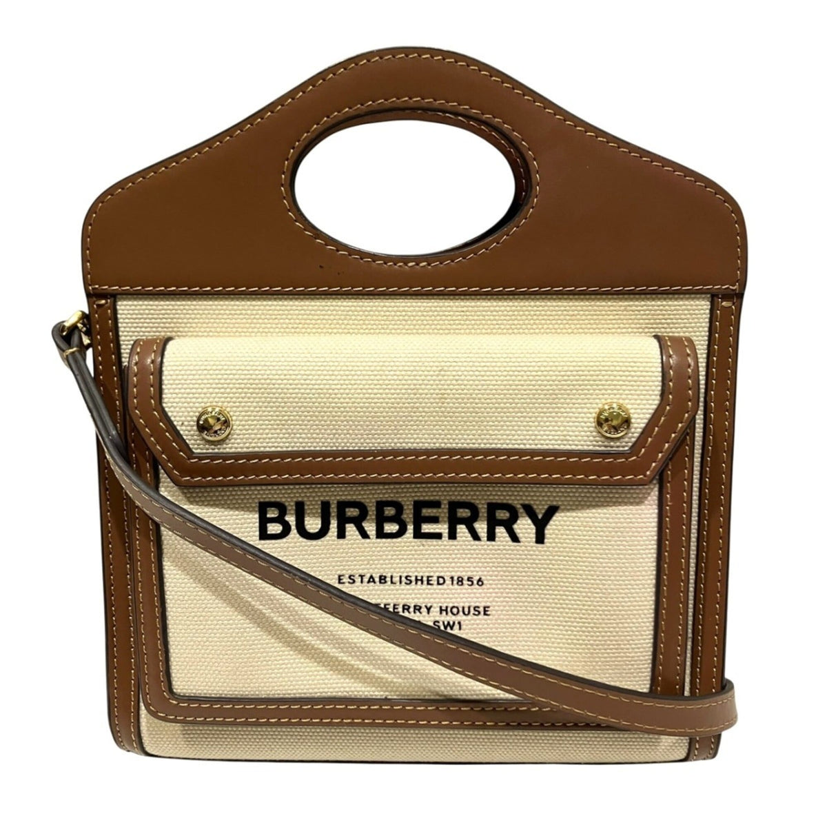 Burberry Brown White Canvas Leather Handbag (Pre-Owned)