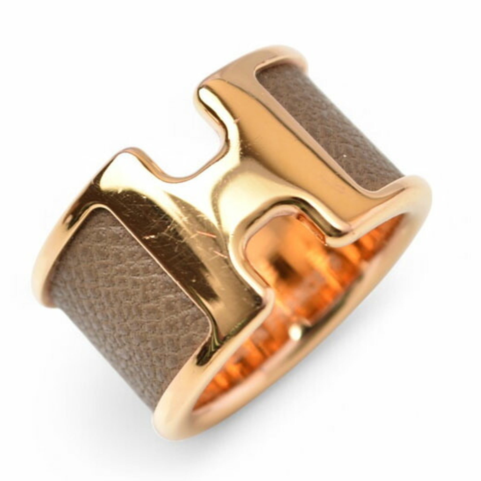 Hermes Etoupe Gray Gold Leather Metal Band Ring (Pre-Owned)