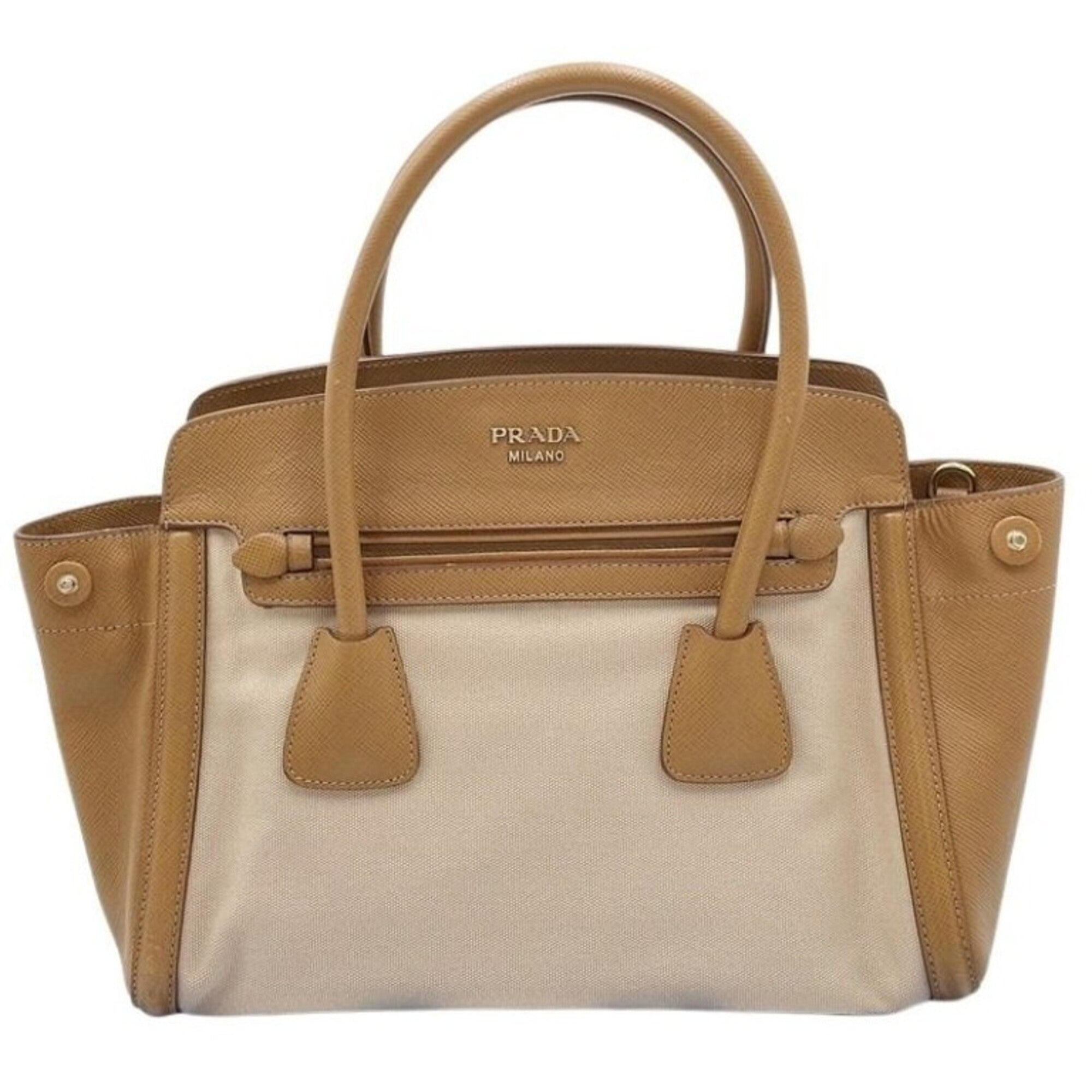 Prada Beige Brown Leather Canvas Handbag Shoulder Bag Tote Bag (Pre-Owned)