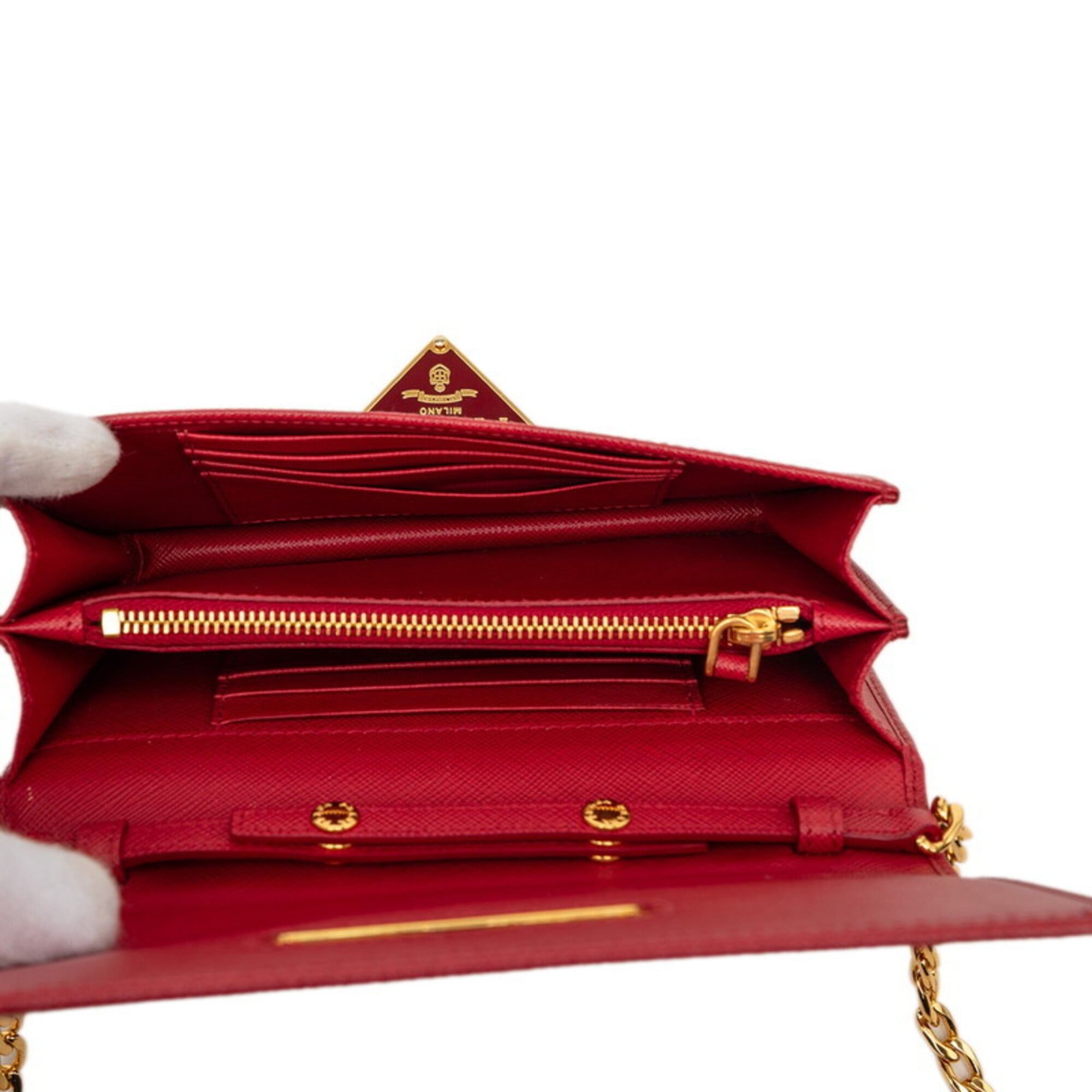 Prada Saffiano Red Color Leather Chain/Shoulder Wallet (Pre-Owned)
