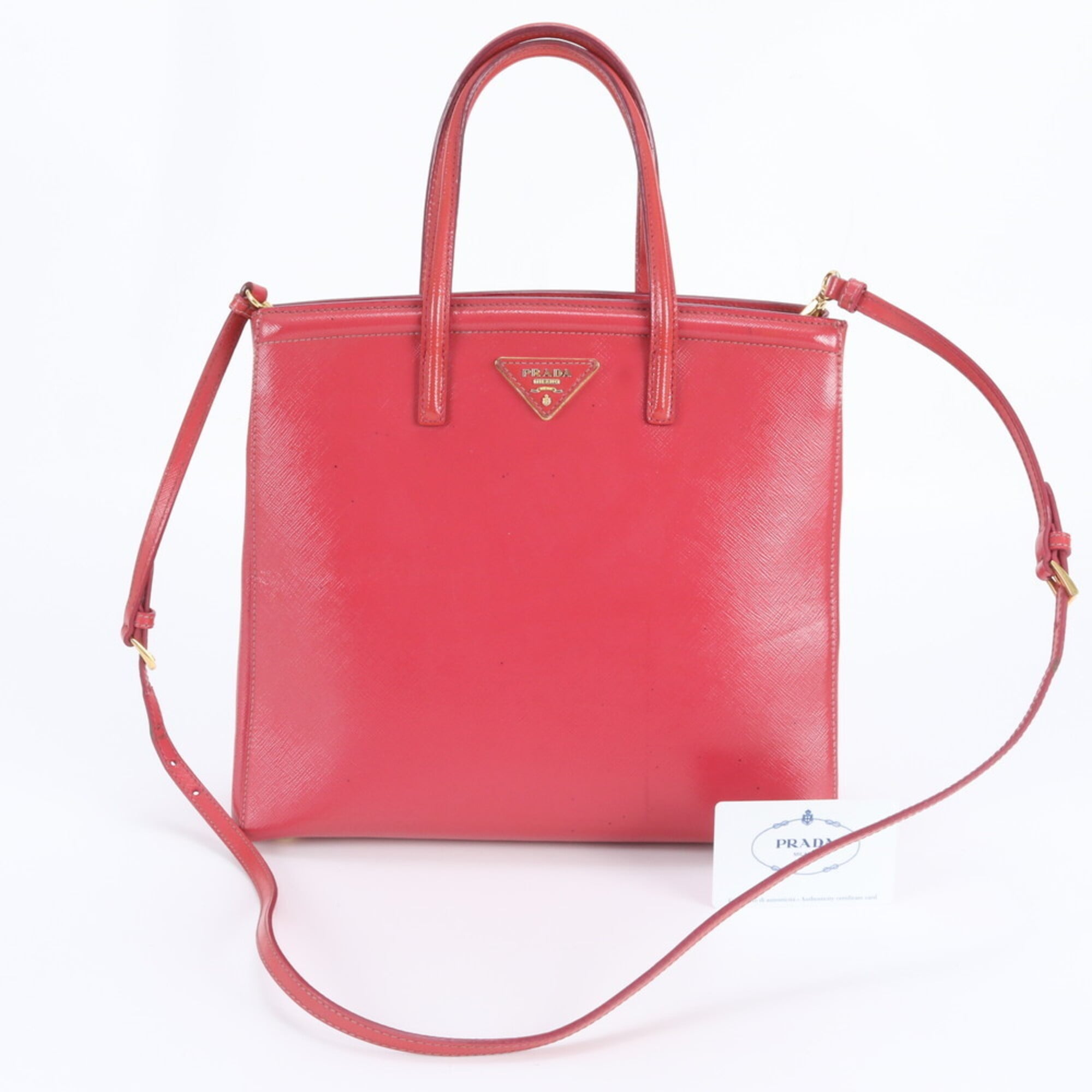 Prada Saffiano Red Color Leather Shoulder Bag Tote Bag (Pre-Owned)