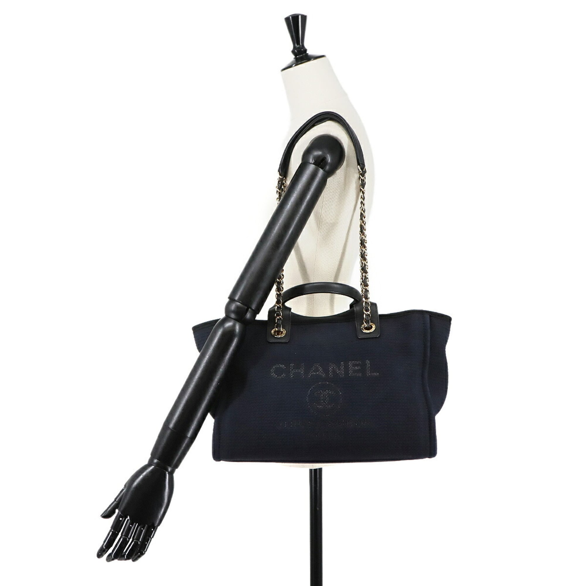 Chanel Navy Canvas Leather Handbag Shopping Bag Tote Bag (Pre-Owned)