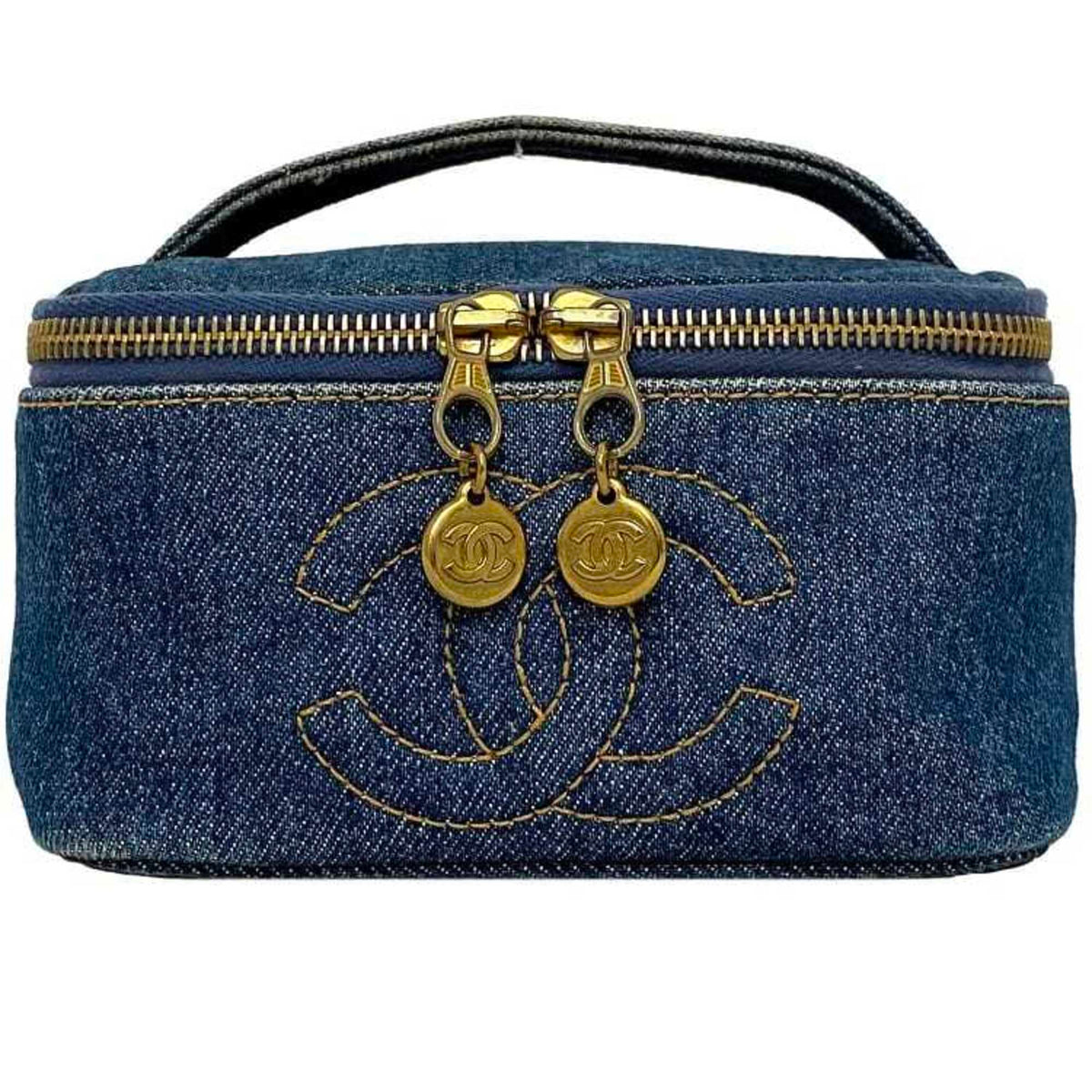 Chanel Denim Denim Leather Handbag Pouch Vanity Bag (Pre-Owned)
