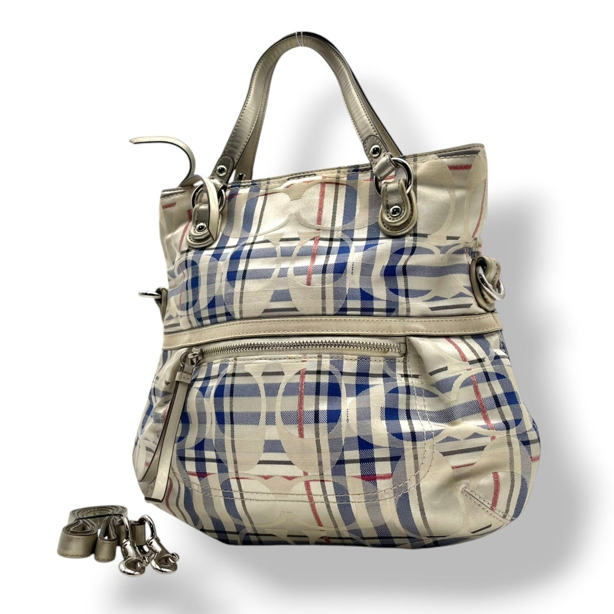 Coach Blue Ivory Canvas Leather Handbag Shoulder Bag Tote Bag (Pre-Owned)