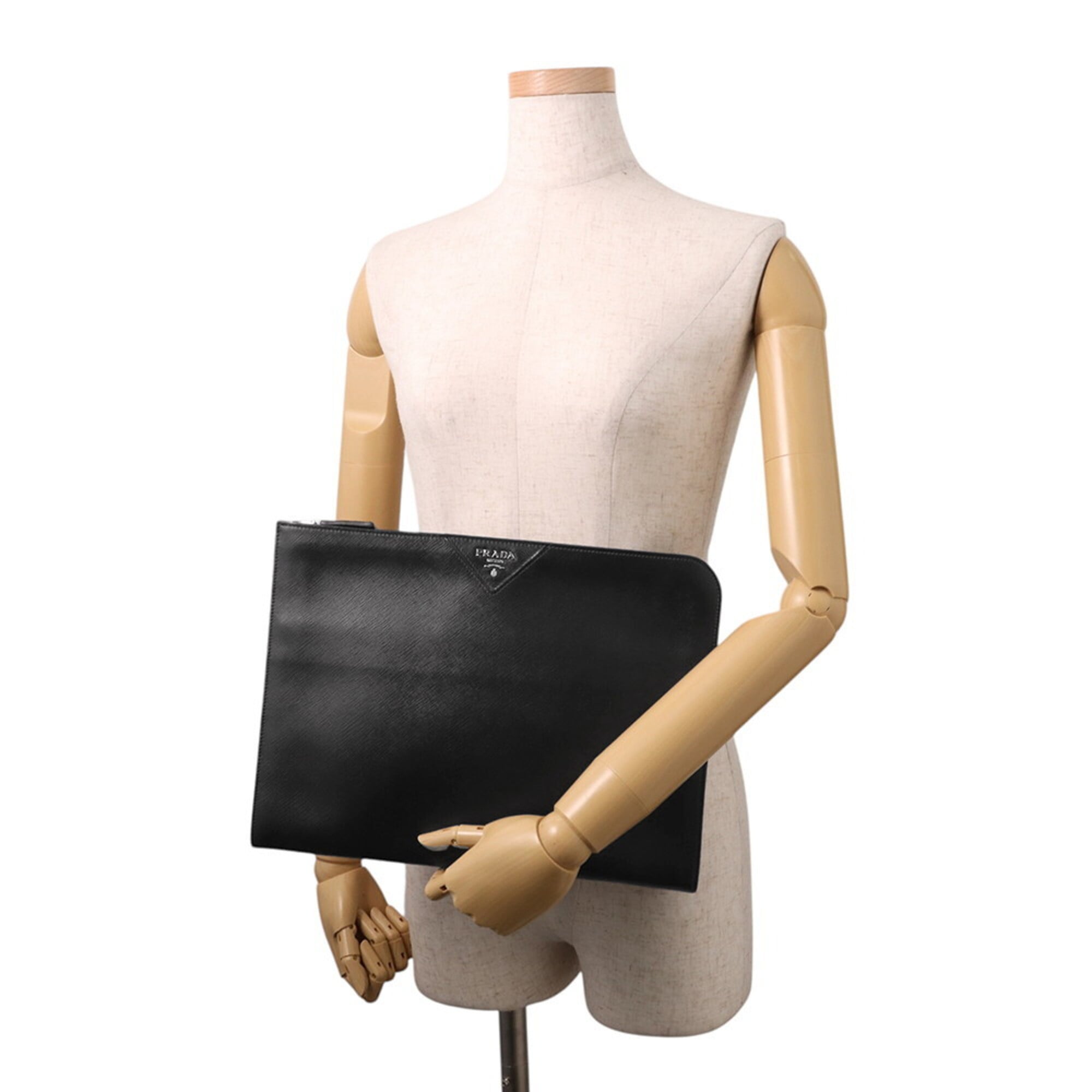 Prada Saffiano Black Leather Clutch Bag Document Case (Pre-Owned)