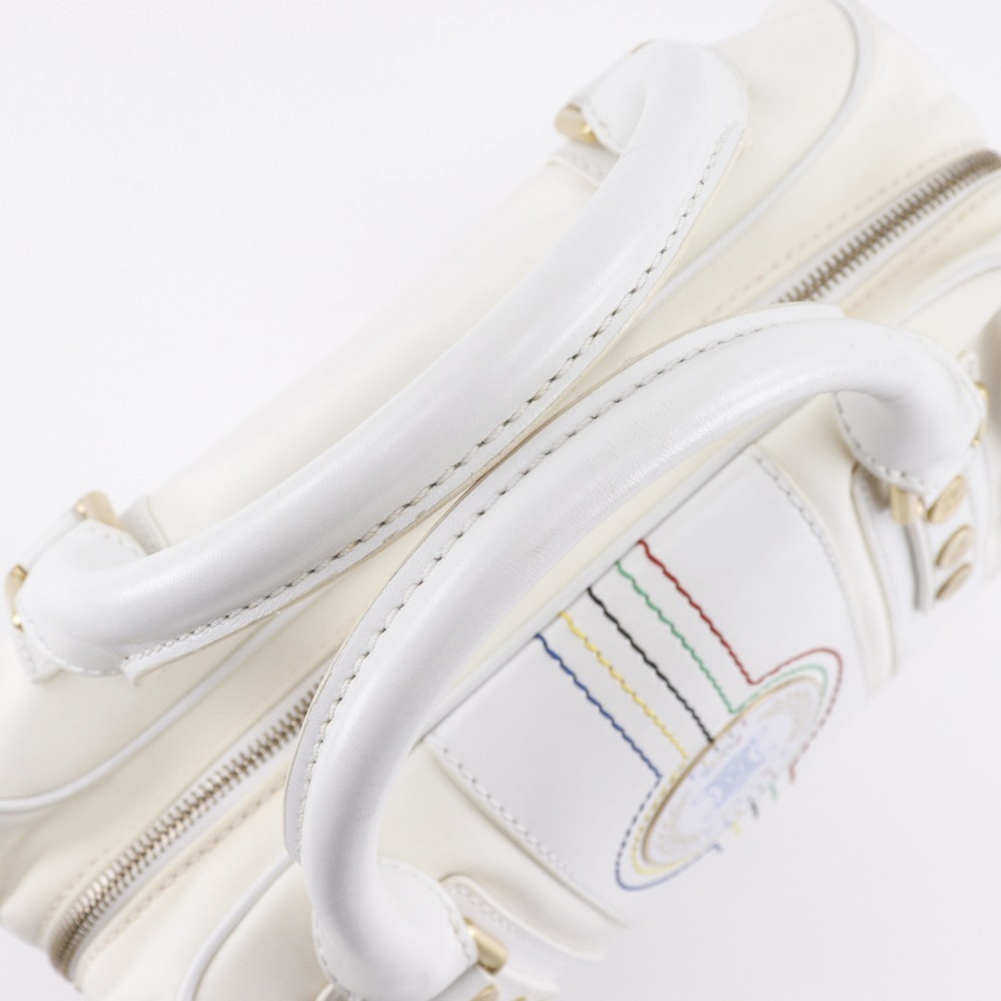 Celine White Nylon Canvas Leather Boston Bag Handbag (Pre-Owned)