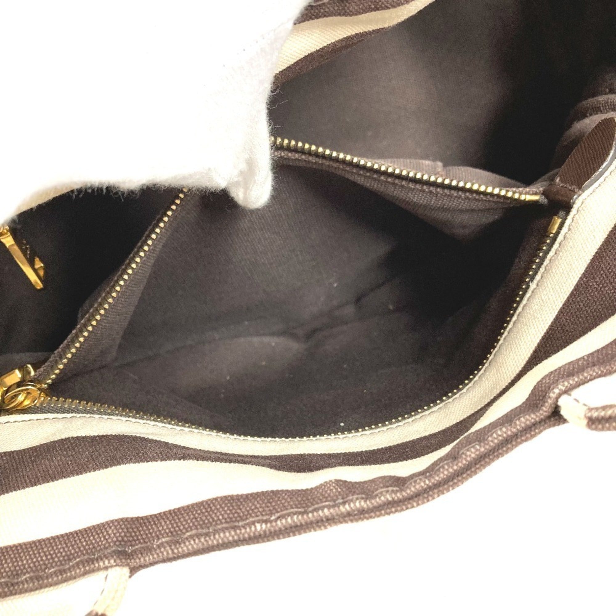 Prada Brown White Canvas Handbag Tote Bag (Pre-Owned)