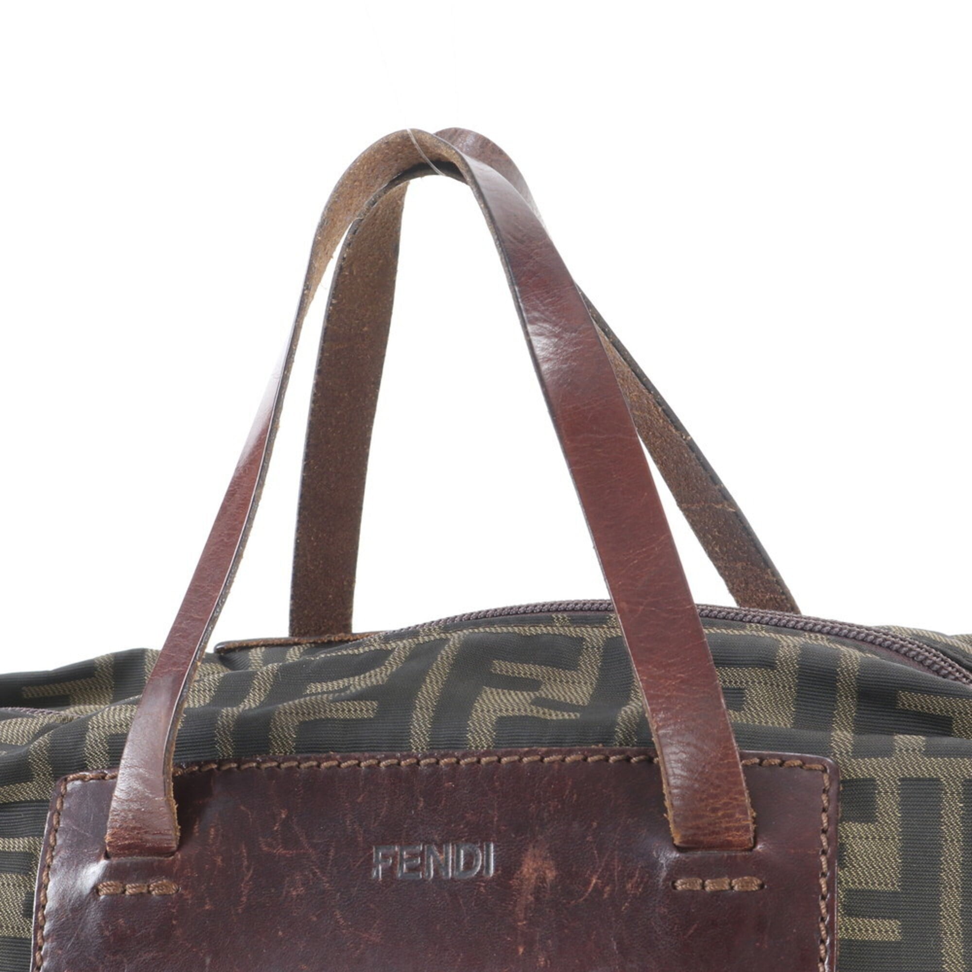 Fendi Zucca Brown Green Khaki Leather Nylon Handbag Tote Bag (Pre-Owned)