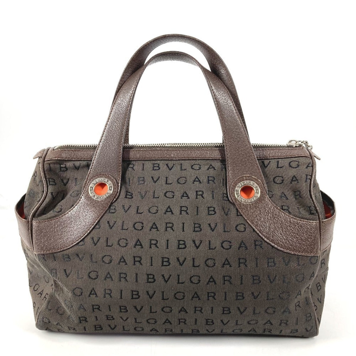 Bvlgari Logomania Brown Leather Canvas Boston Bag Handbag Tote Bag (Pre-Owned)