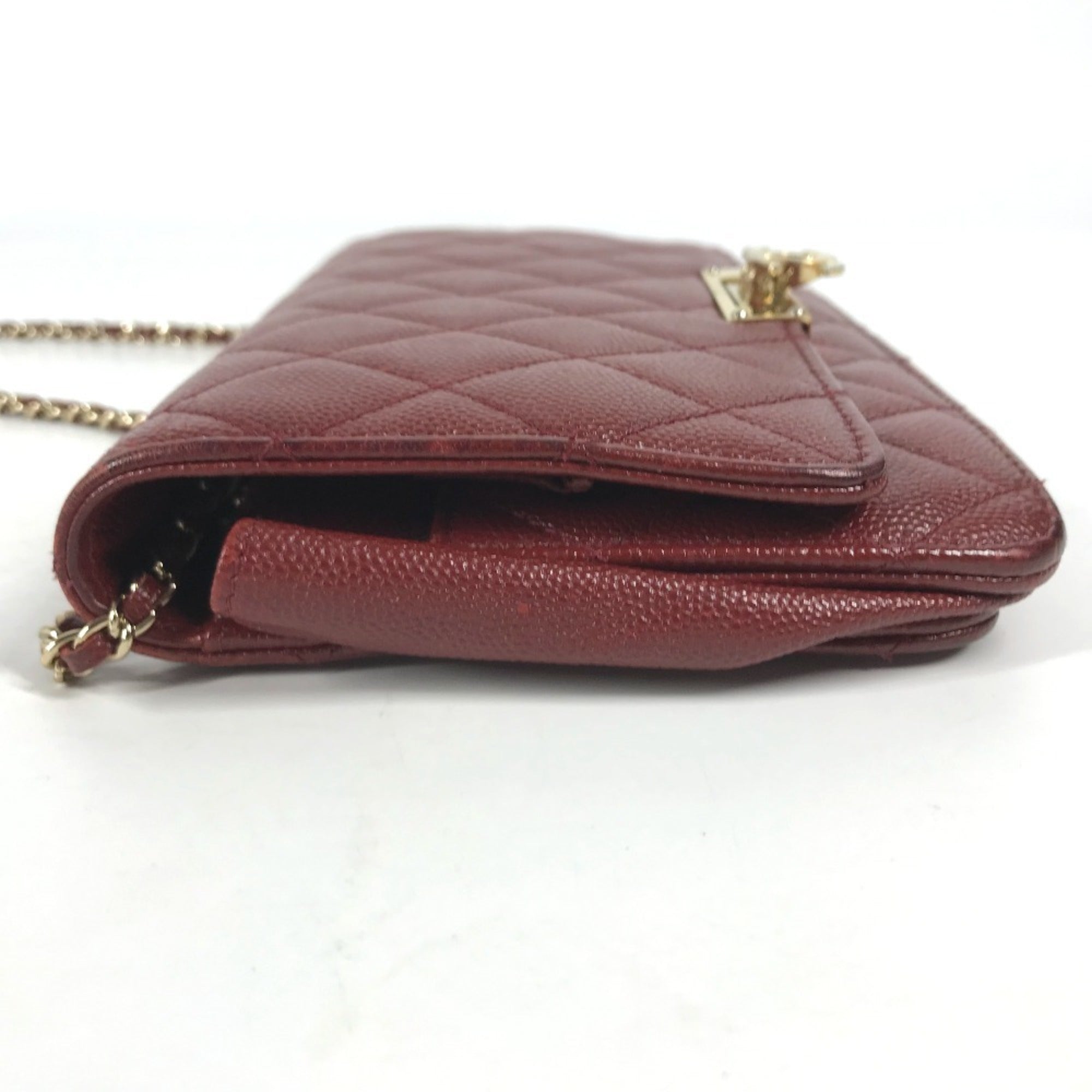 Chanel Red Color Grained Calfskin Chain/Shoulder Wallet (Pre-Owned)
