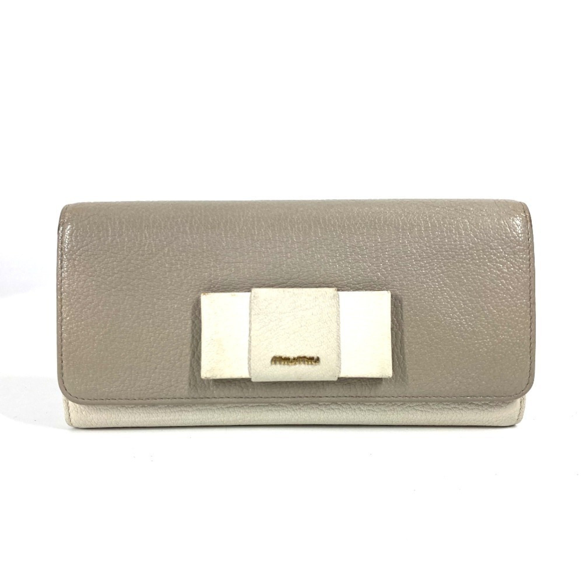 Miu Miu Gray White Leather Long Wallet (Bi-Fold) (Pre-Owned)