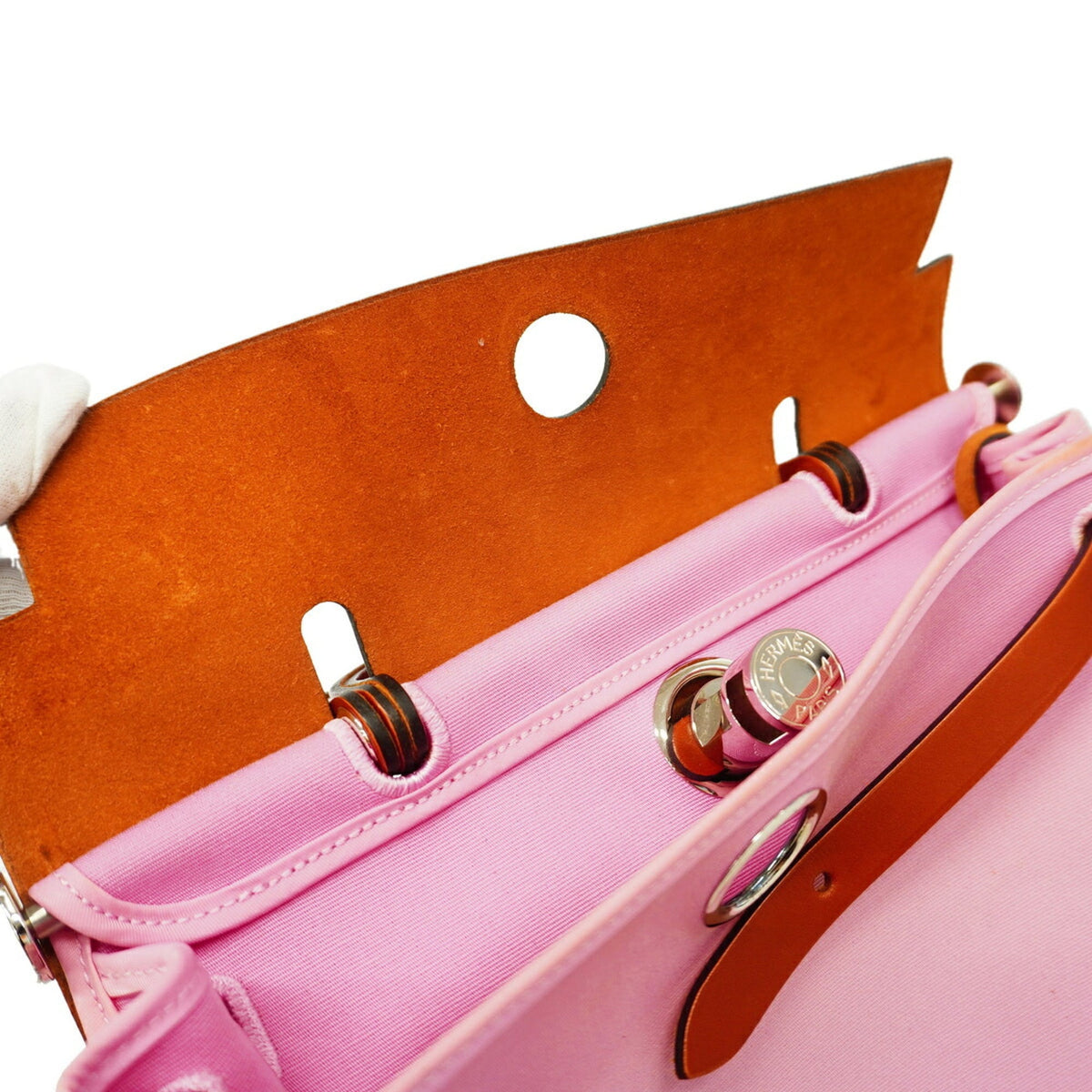 Hermes Brown Pink Toile Officier Handbag (Pre-Owned)