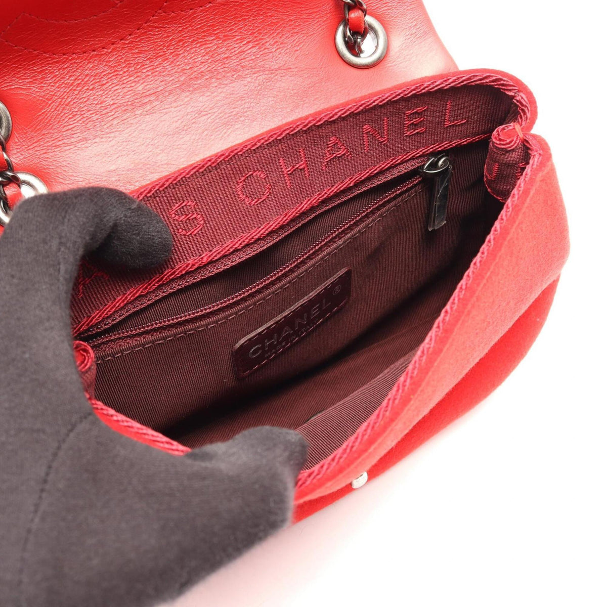 Chanel Red Color Leather Wool Handbag Shoulder Bag (Pre-Owned)