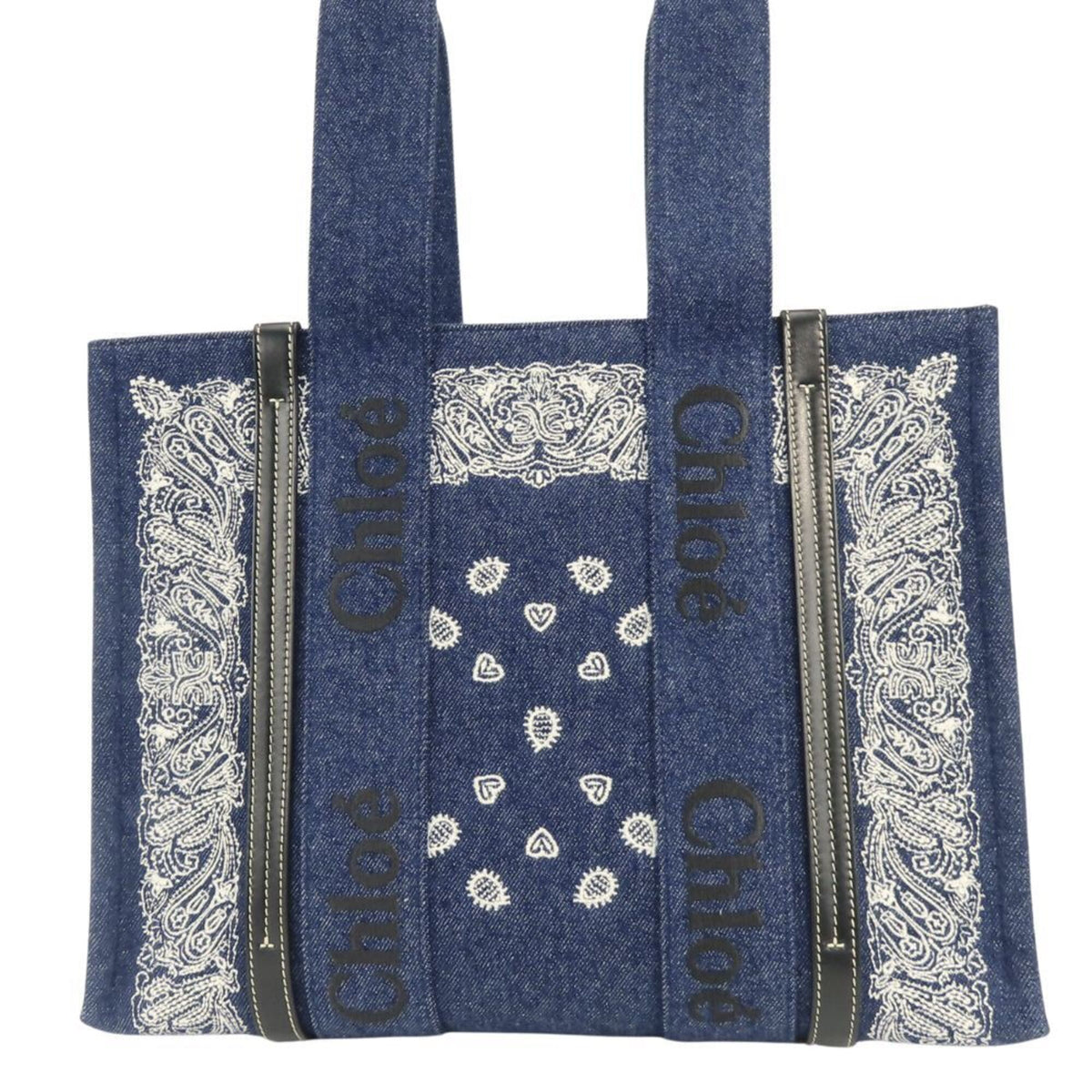Chloé Blue White Cotton Denim Leather Tote Bag (Pre-Owned)