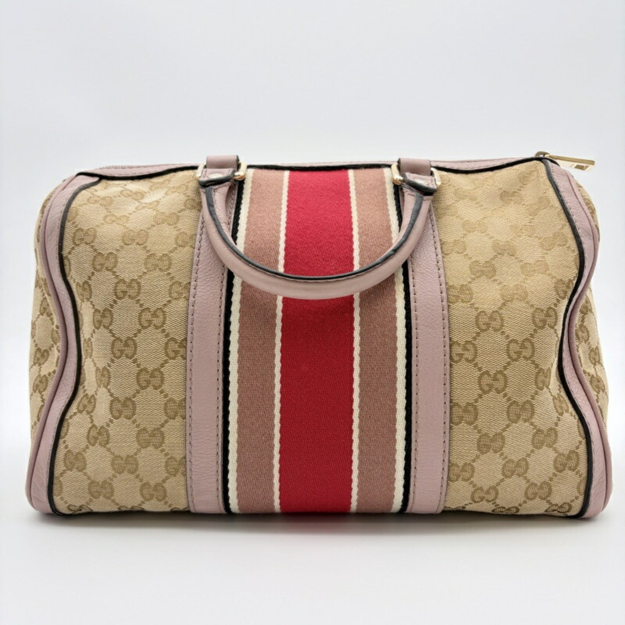 Gucci Sherry Line Beige Pink Canvas Leather Boston Bag (Pre-Owned)