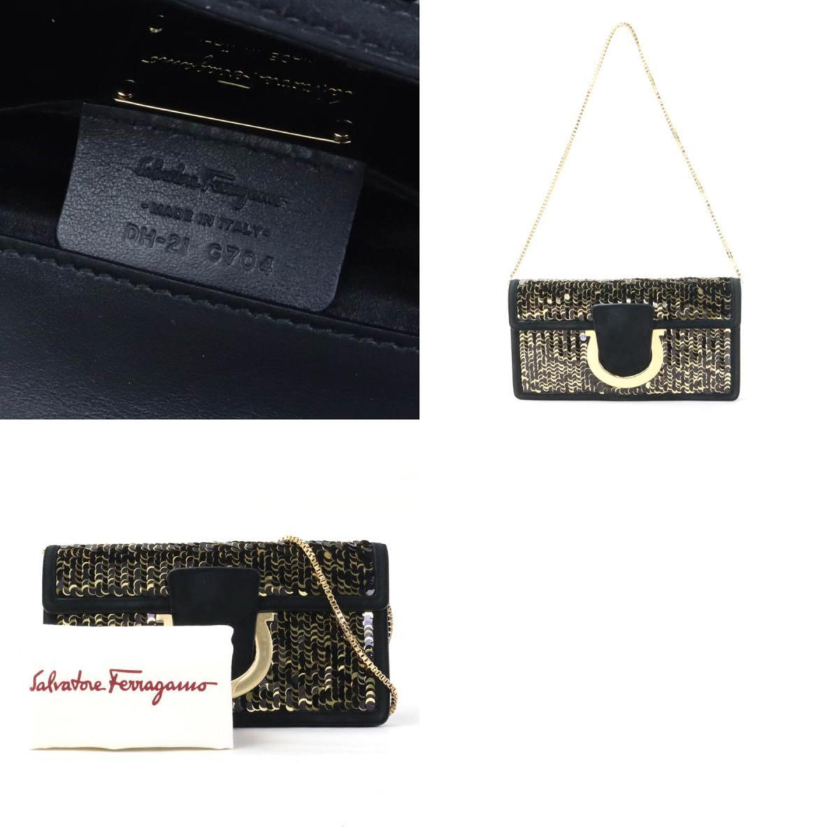 Salvatore Ferragamo Black Spangles Leather Clutch Bag Shoulder Bag (Pre-Owned)