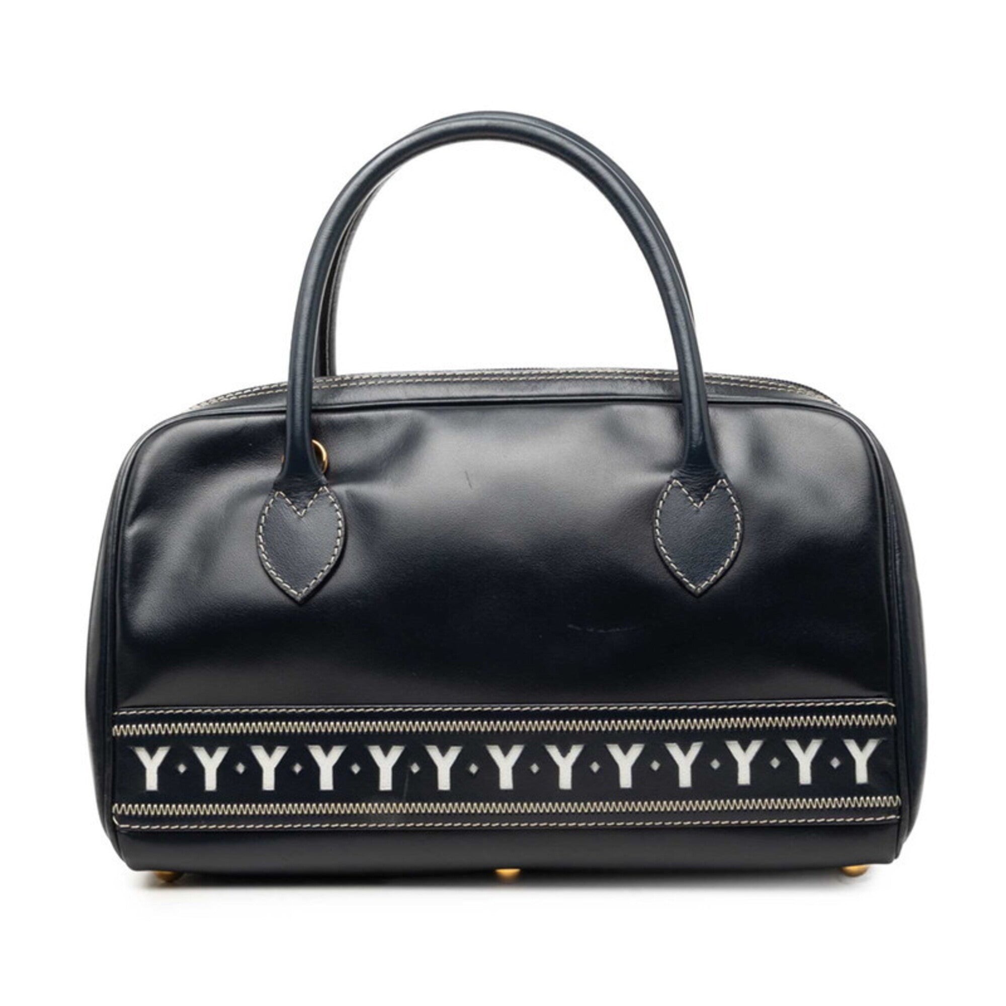 Saint Laurent Navy White Leather Boston Bag Handbag (Pre-Owned)