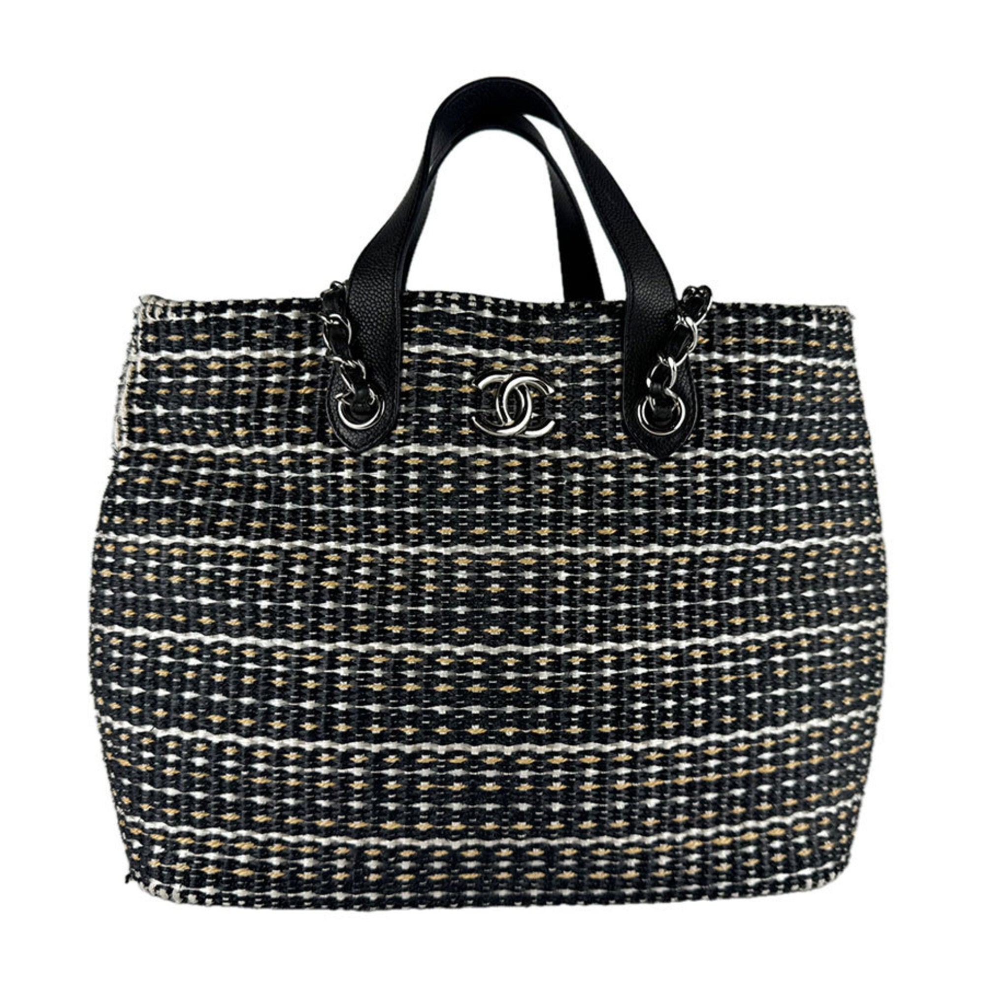 Chanel Beige Black White Raffia Handbag Shoulder Bag (Pre-Owned)