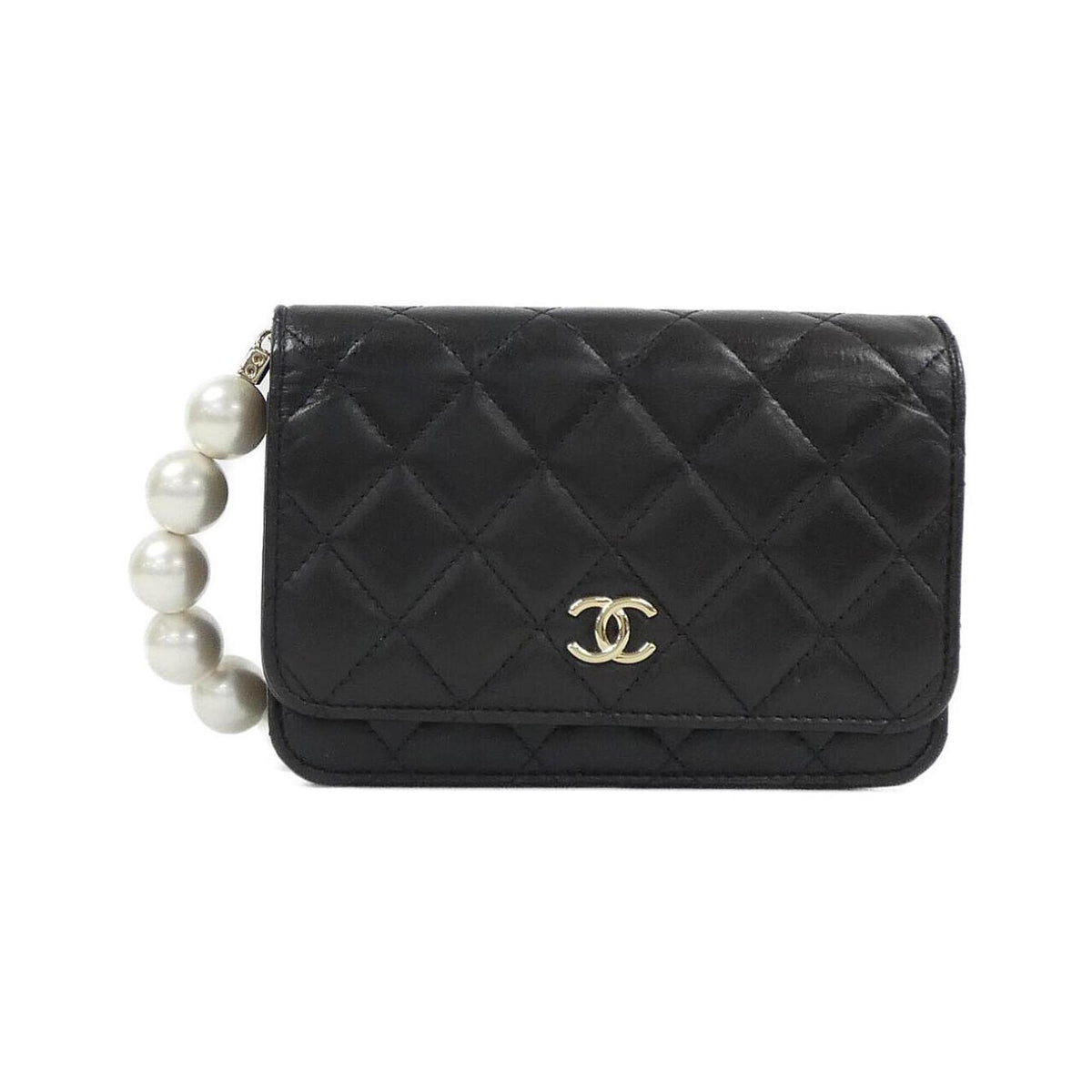 Chanel Black Artificial Pearl Leather Chain/Shoulder Wallet (Pre-Owned)