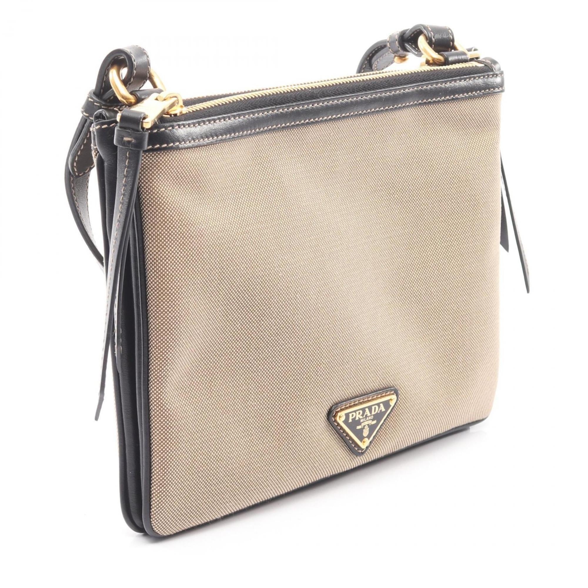 Prada Beige Black Canvas Leather Shoulder Bag (Pre-Owned)