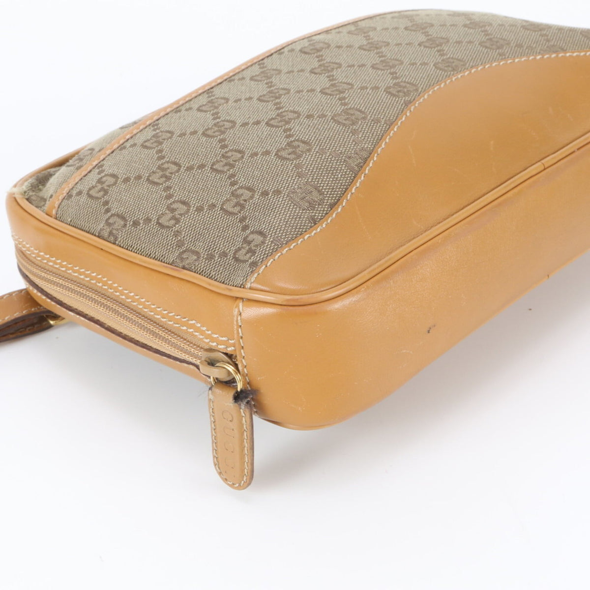 Gucci Brown Leather Canvas Clutch Bag Pouch (Pre-Owned)