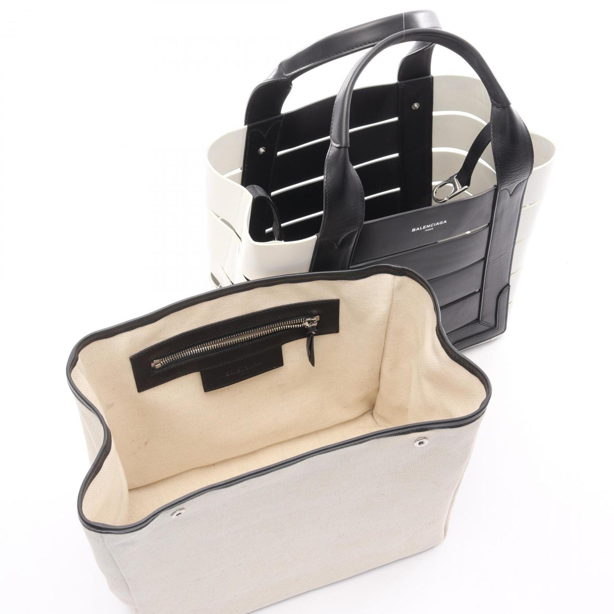Balenciaga Black White Leather Canvas Handbag Tote Bag (Pre-Owned)