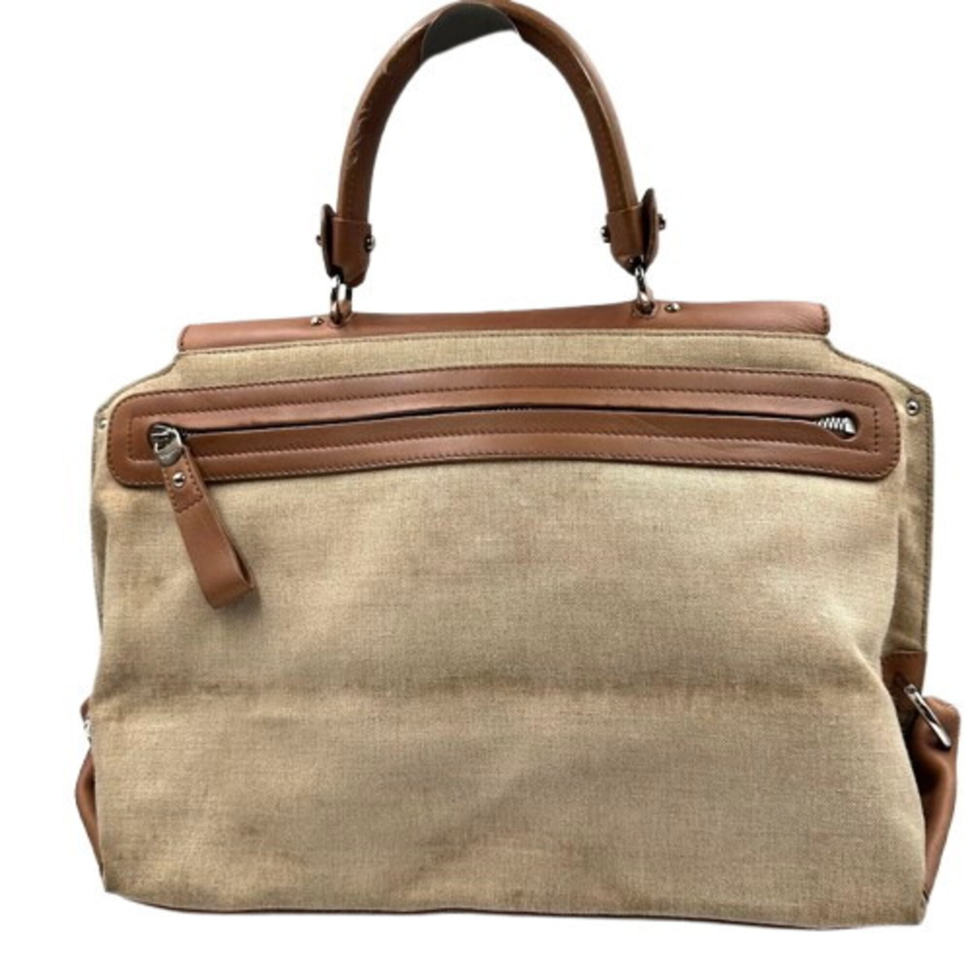 Salvatore Ferragamo Beige Brown Canvas Leather Handbag (Pre-Owned)