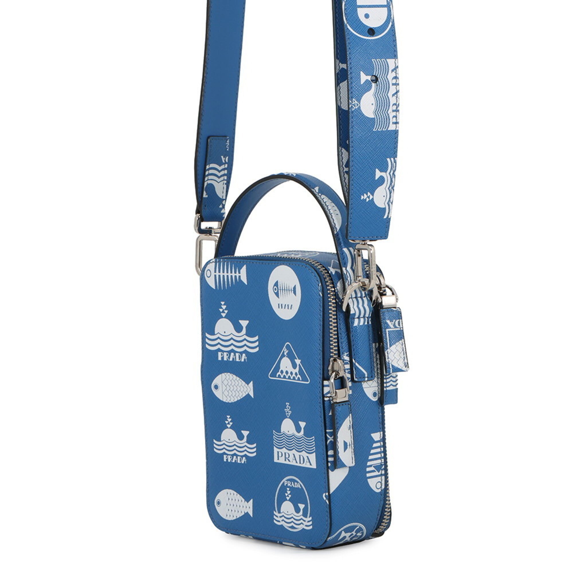 Prada Blue White Leather Handbag Shoulder Bag (Pre-Owned)