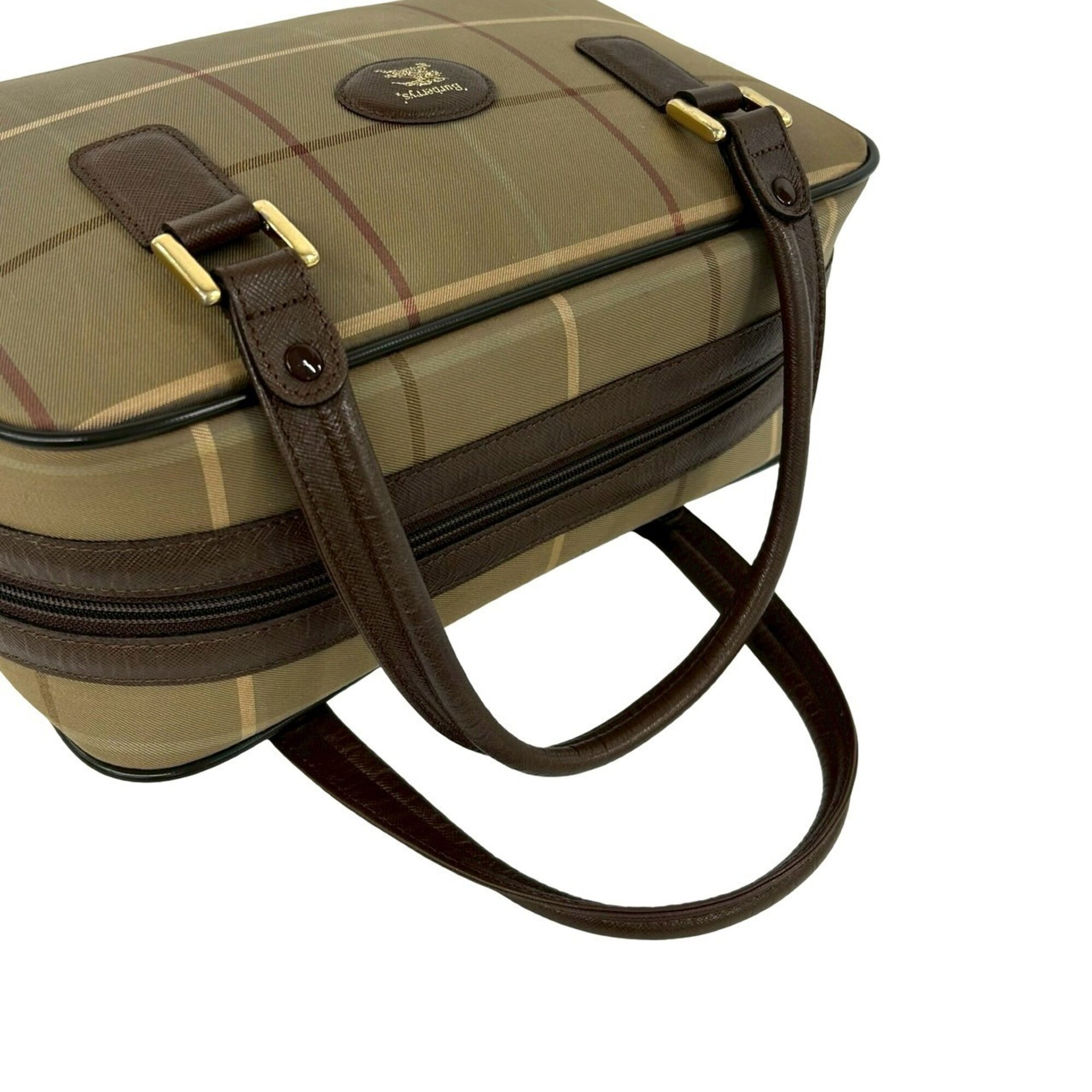 Burberry Brown Khaki Canvas Leather Boston Bag Handbag (Pre-Owned)