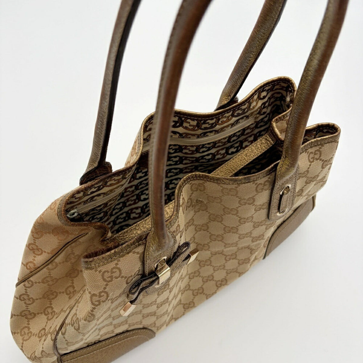 Gucci Beige Gold Gg Canvas Leather Shoulder Bag Tote Bag (Pre-Owned)