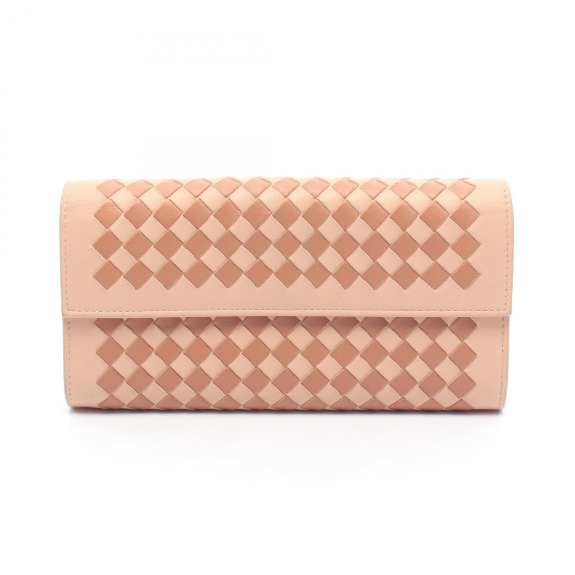 Bottega Veneta Intrecciato Brown Pink Leather Long Wallet (Bi-Fold) (Pre-Owned)