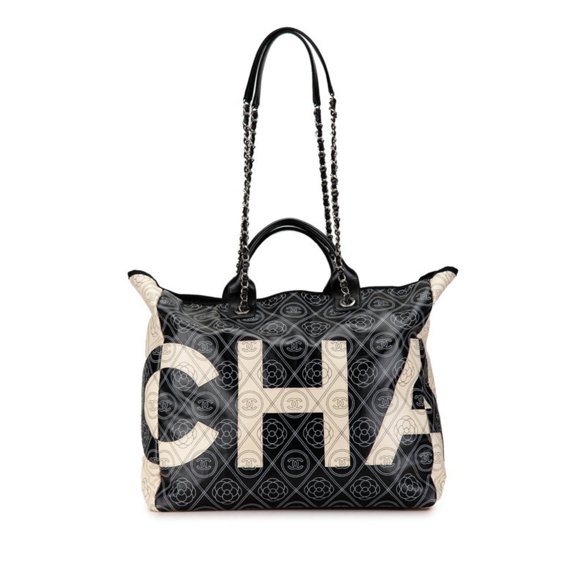 Chanel Black White Leather Handbag Tote Bag (Pre-Owned)