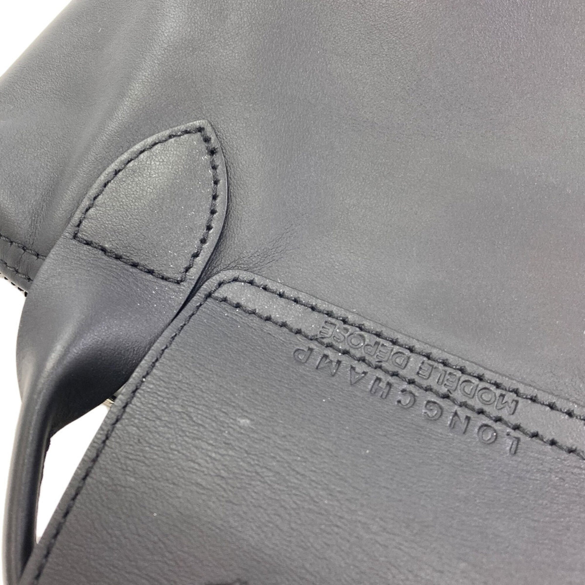 Longchamp Le Pliage Black Leather Handbag (Pre-Owned)