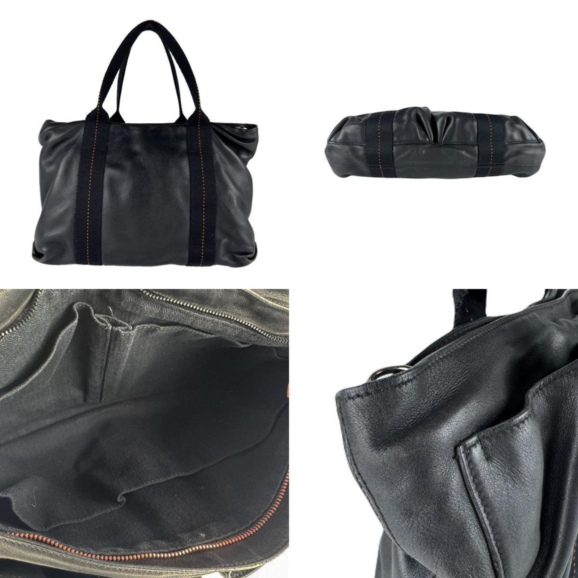 Hermes Black Leather Cotton Handbag Shoulder Bag (Pre-Owned)