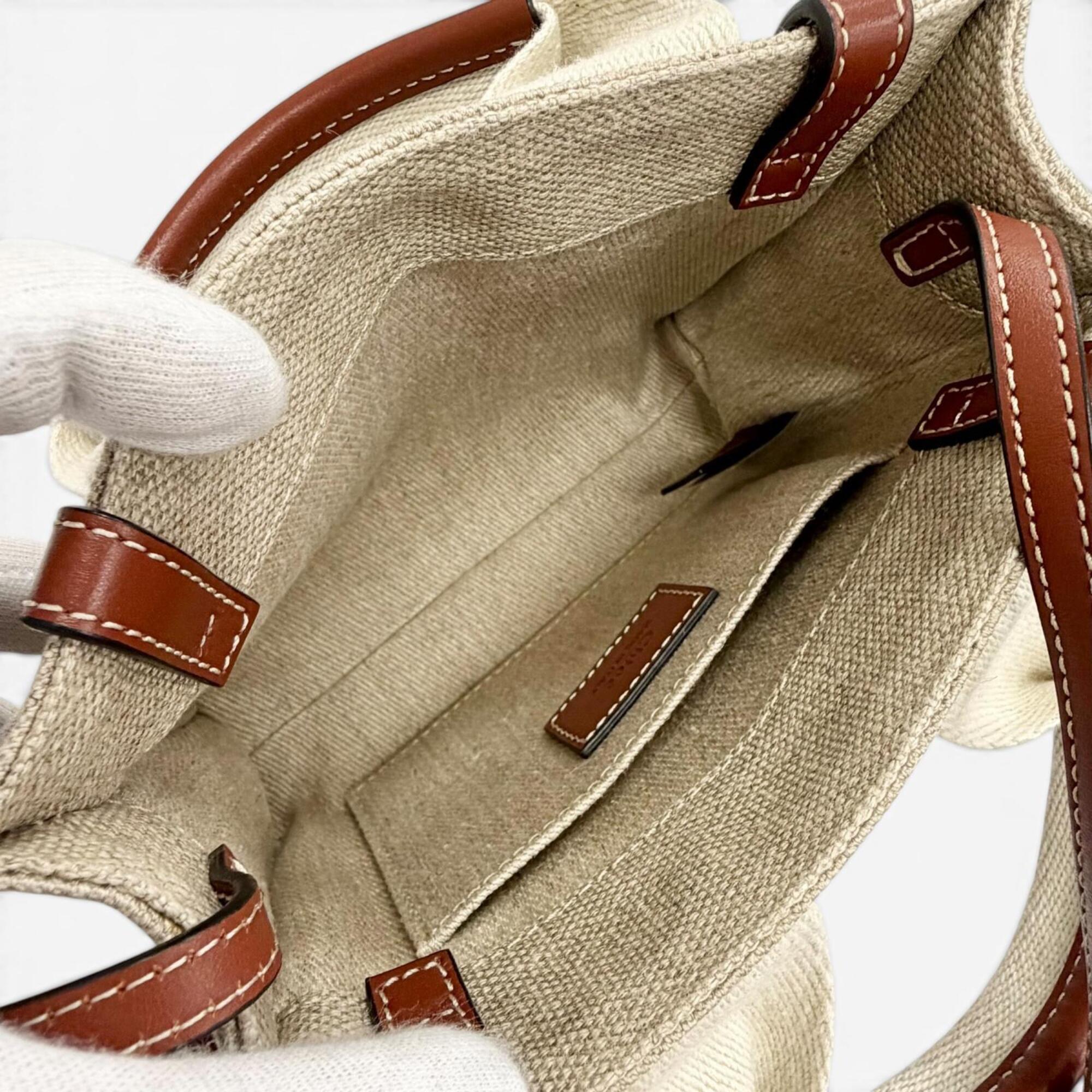 Chloé Beige Brown Linen Leather Shoulder Bag Tote Bag (Pre-Owned)