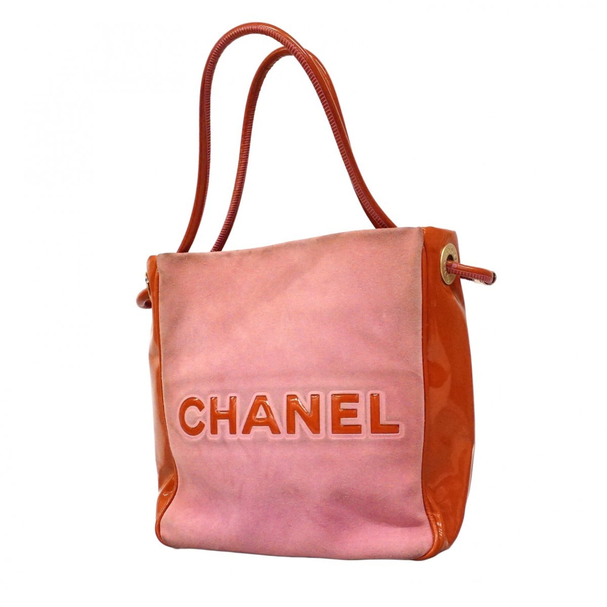 Chanel Orange Pink Suede Patent Leather Tote Bag (Pre-Owned)