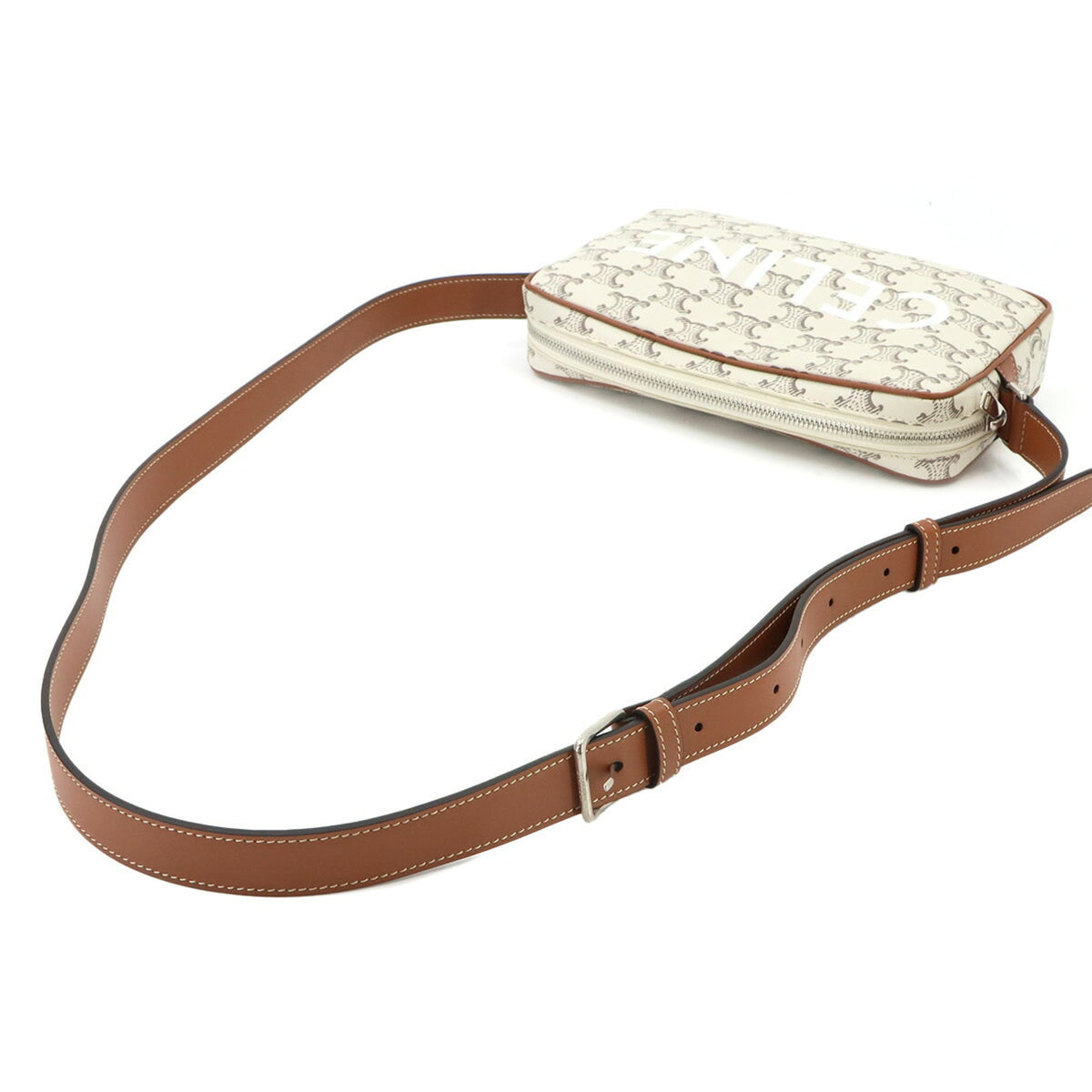 Celine Brown White Pu Leather Handbag Shoulder Bag (Pre-Owned)
