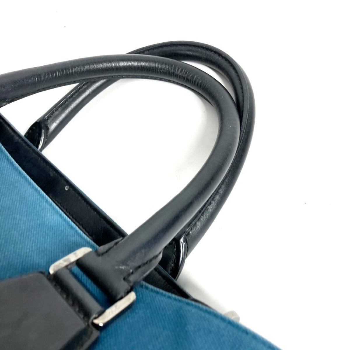 Dolce & Gabbana Black Blue Leather Canvas Shopping Bag Shoulder Bag Tote Bag (Pre-Owned)
