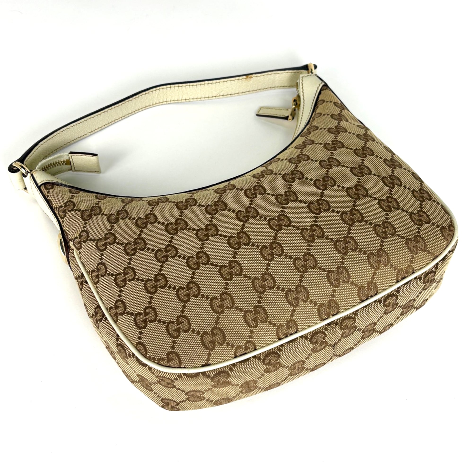 Gucci Beige White Gg Canvas Leather Shoulder Bag (Pre-Owned)