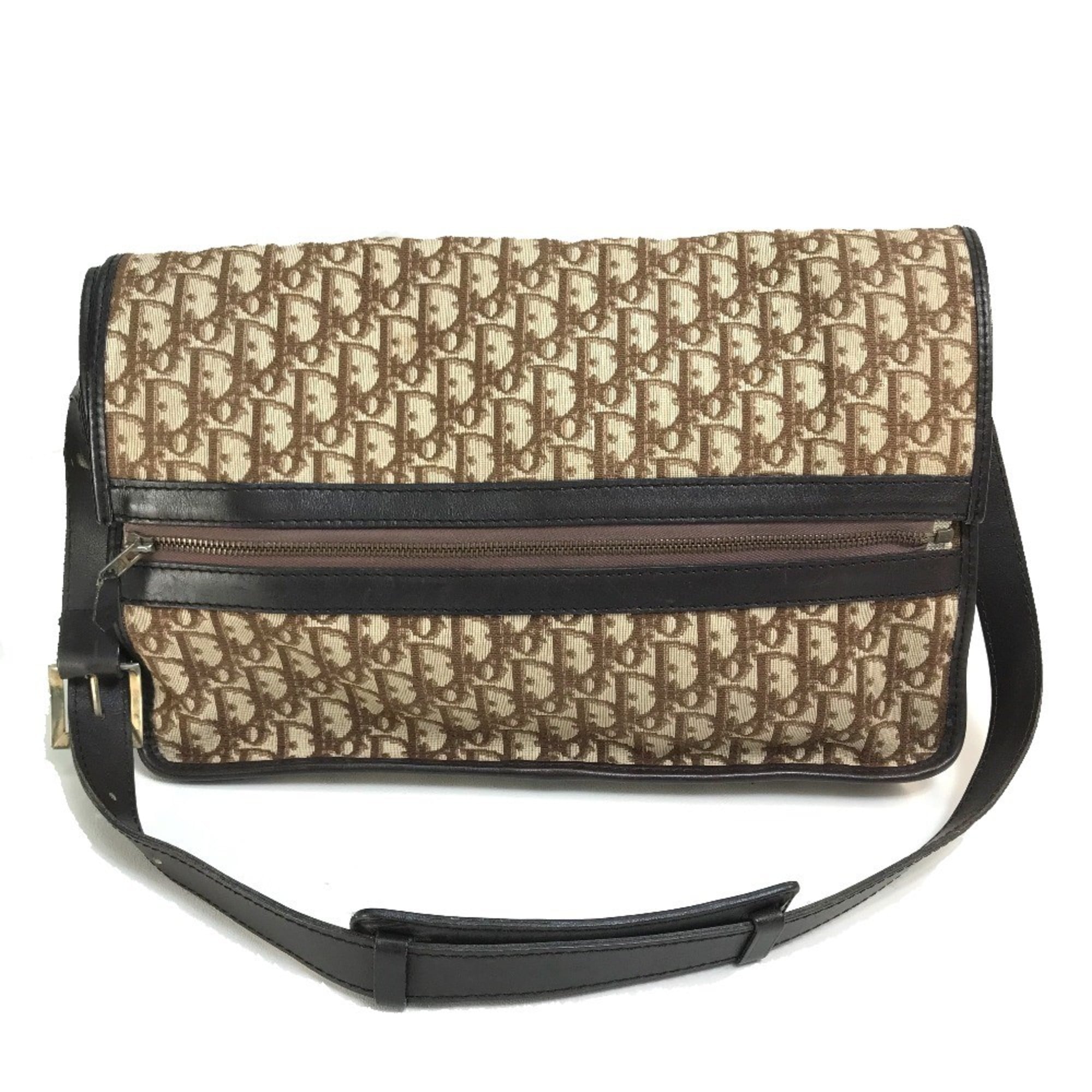 Christian Dior Beige Brown Leather Canvas Shoulder Bag (Pre-Owned)
