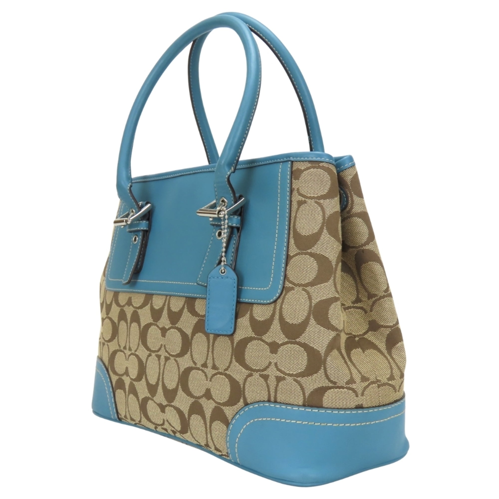 Coach Beige Blue Signature Line Canvas Leather Handbag (Pre-Owned)