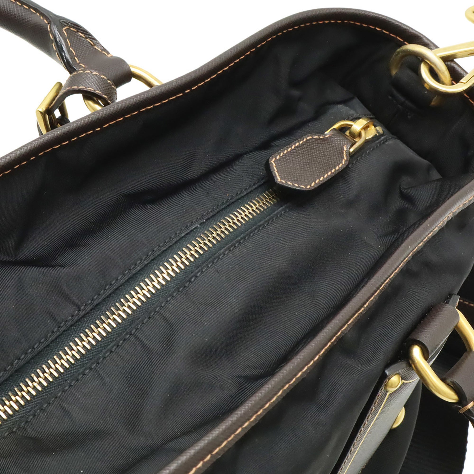 Prada Black Dark Brown Nero Nylon Leather Shoulder Bag Tote Bag (Pre-Owned)