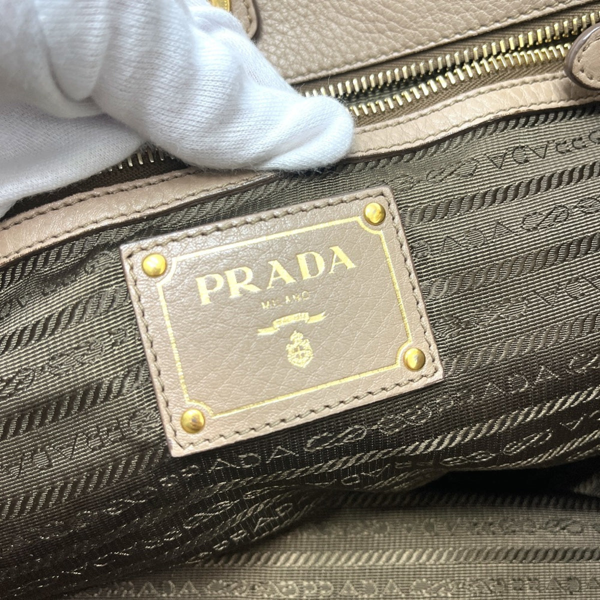 Prada Beige Nylon Leather Handbag Tote Bag (Pre-Owned)
