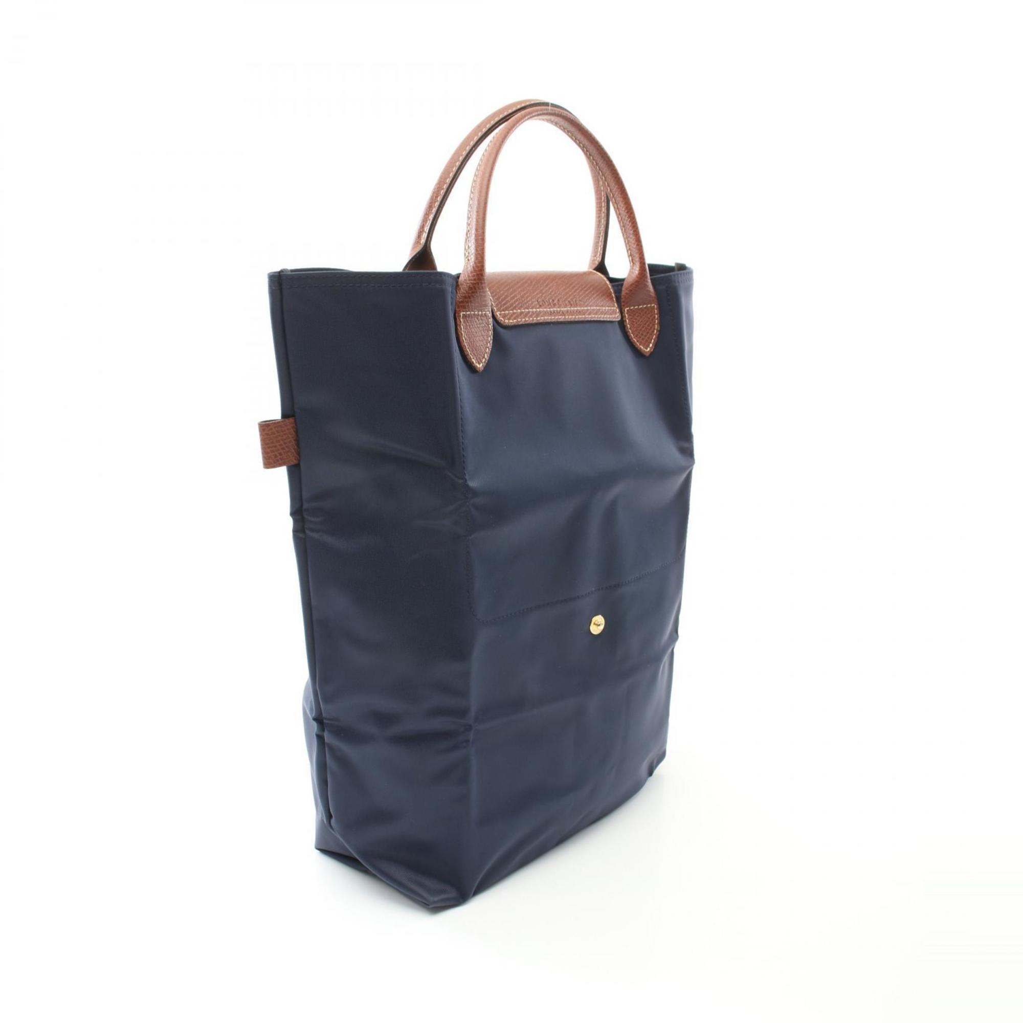 Longchamp Brown Navy Nylon Leather Shopping Bag Tote Bag (Pre-Owned)