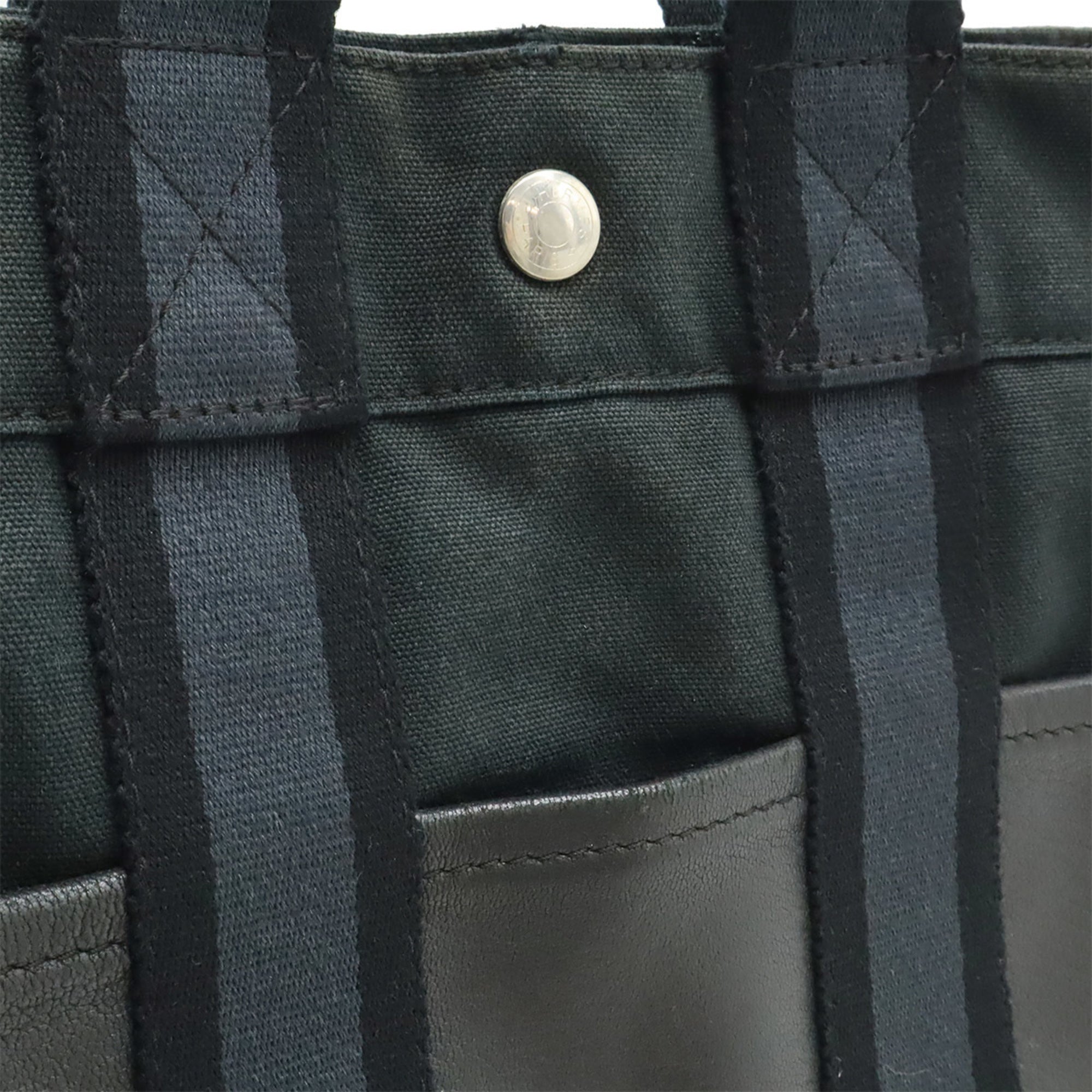 Hermes Black Navy Canvas Leather Handbag Tote Bag (Pre-Owned)