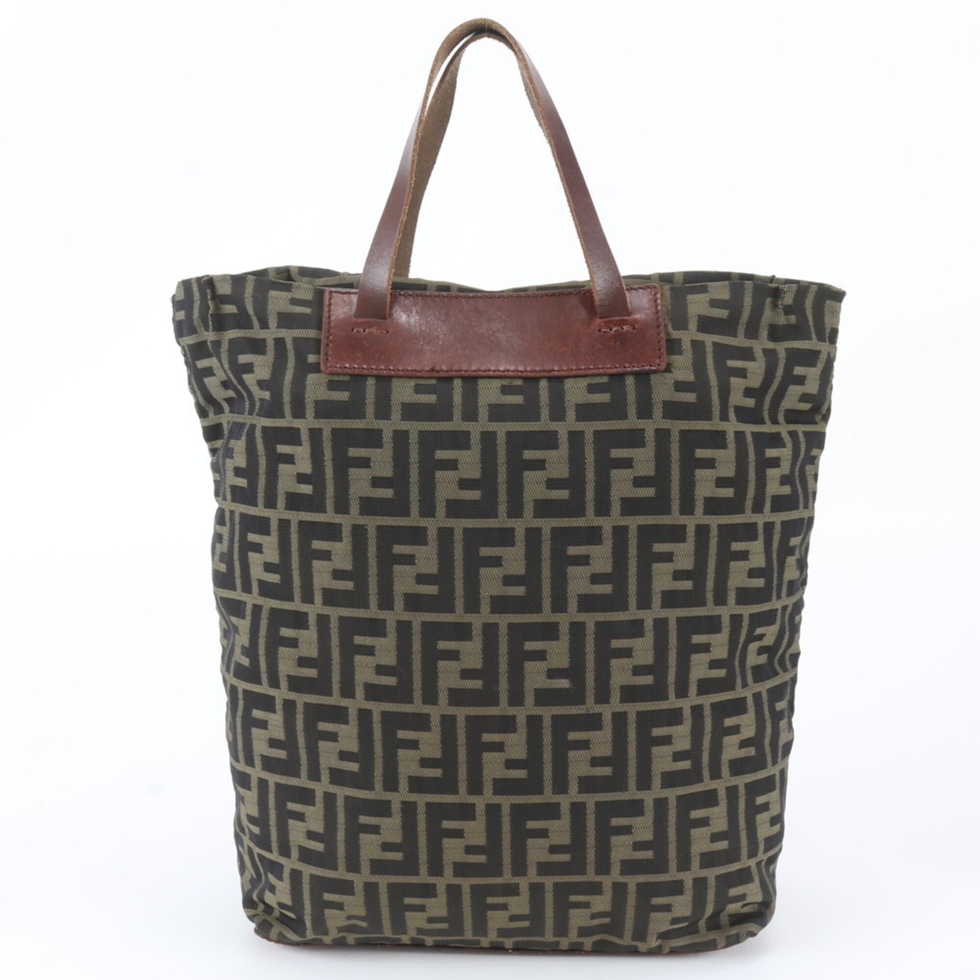 Fendi Brown Green Khaki Leather Canvas Shoulder Bag Tote Bag (Pre-Owned)